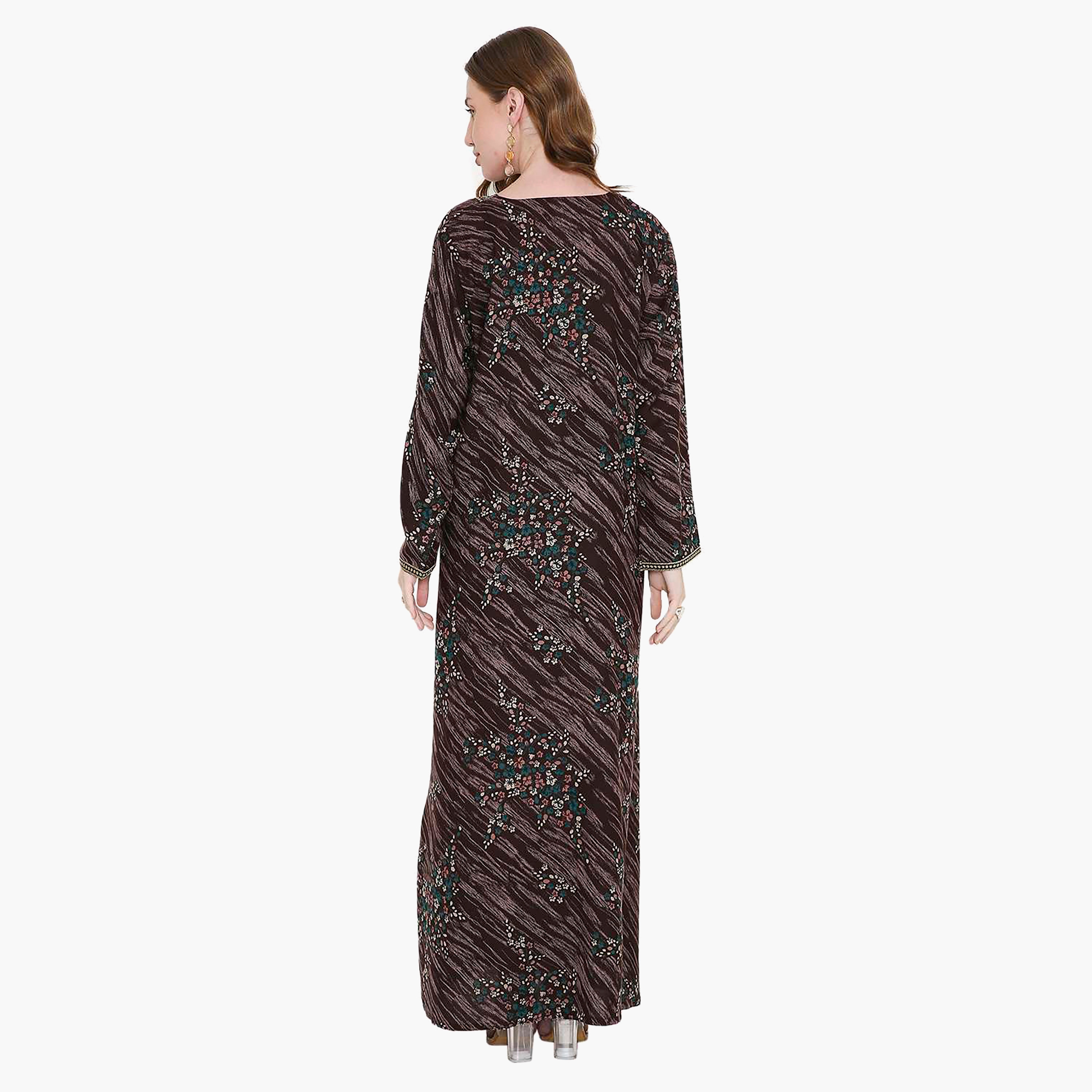 Hana & Sara Floral Print and Embroidered Yoke Detail Neck Designed Cuff Sleeves Women's Jalabiya-women-arabicclothing-jalabiyas-image-9