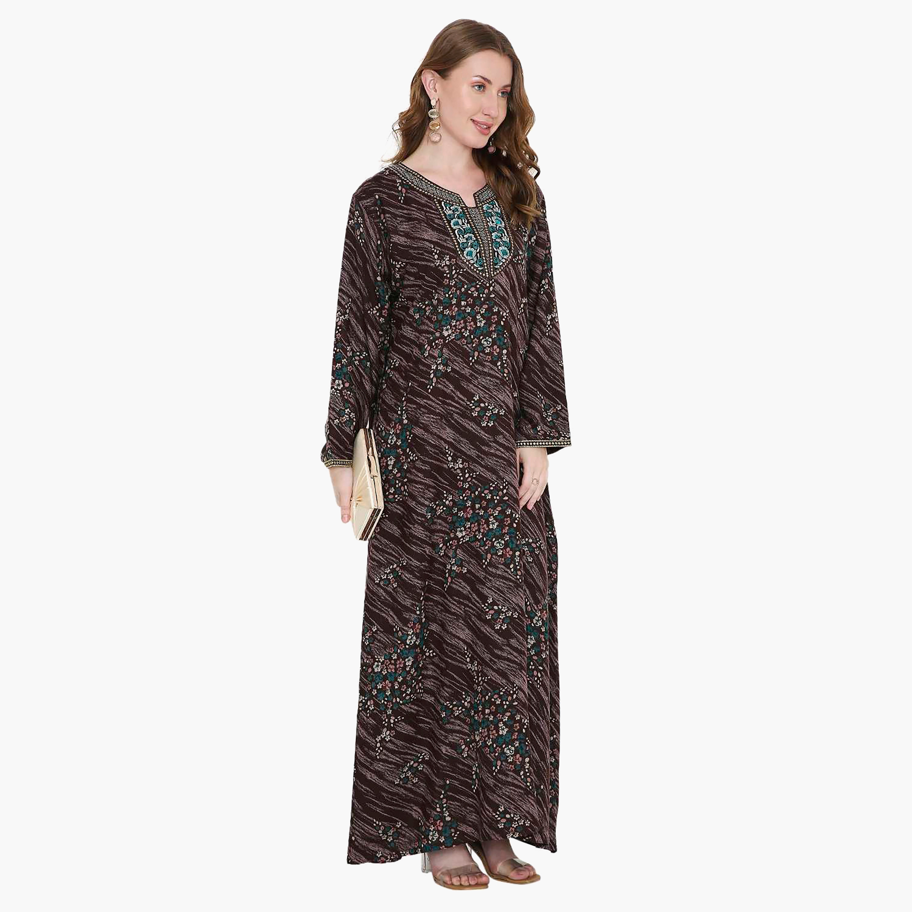 Hana & Sara Floral Print and Embroidered Yoke Detail Neck Designed Cuff Sleeves Women's Jalabiya-women-arabicclothing-jalabiyas-image-10