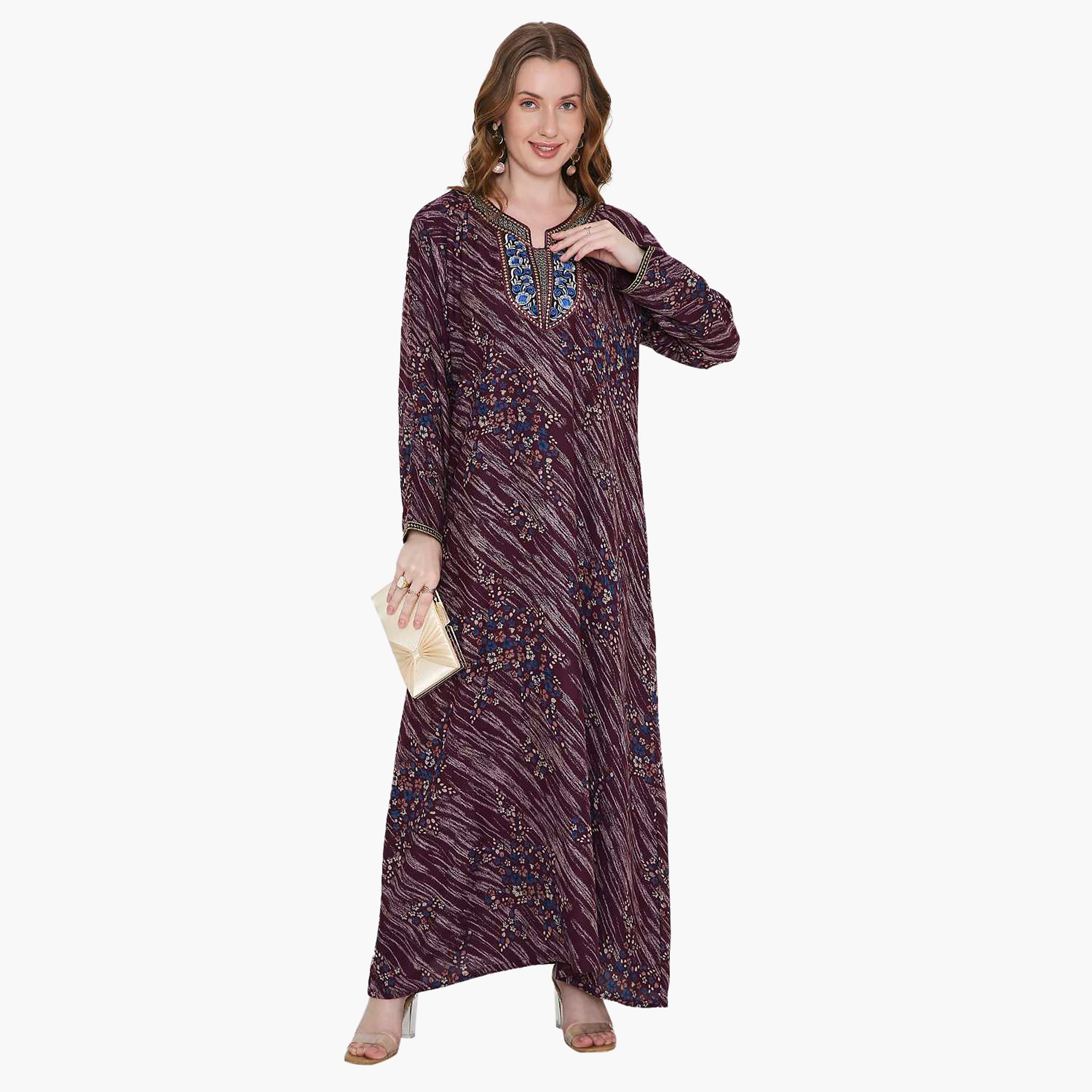 Hana & Sara Floral Print and Embroidered Yoke Detail Neck Designed Cuff Sleeves Women's Jalabiya-women-arabicclothing-jalabiyas-image-1
