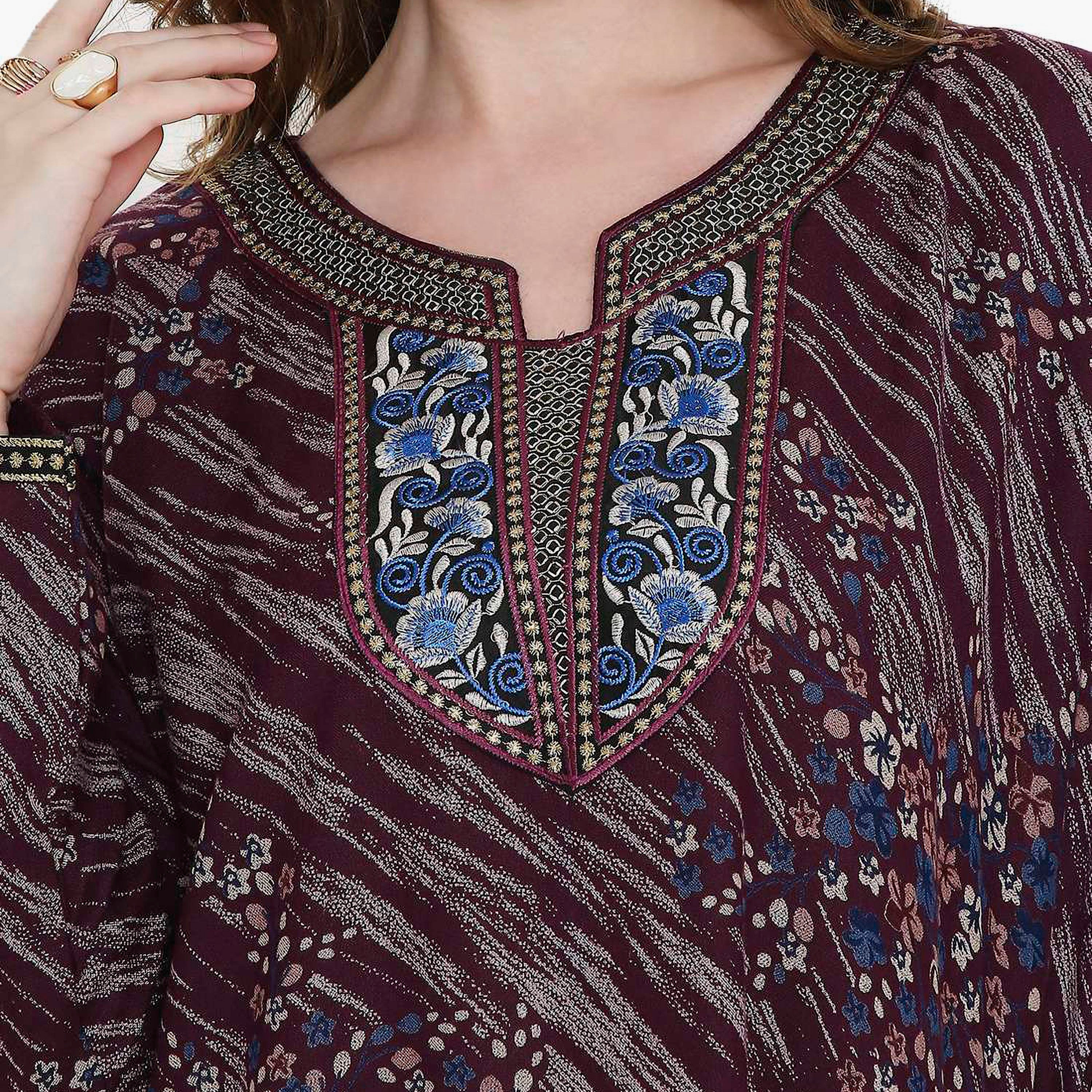 Hana & Sara Floral Print and Embroidered Yoke Detail Neck Designed Cuff Sleeves Women's Jalabiya-women-arabicclothing-jalabiyas-image-2