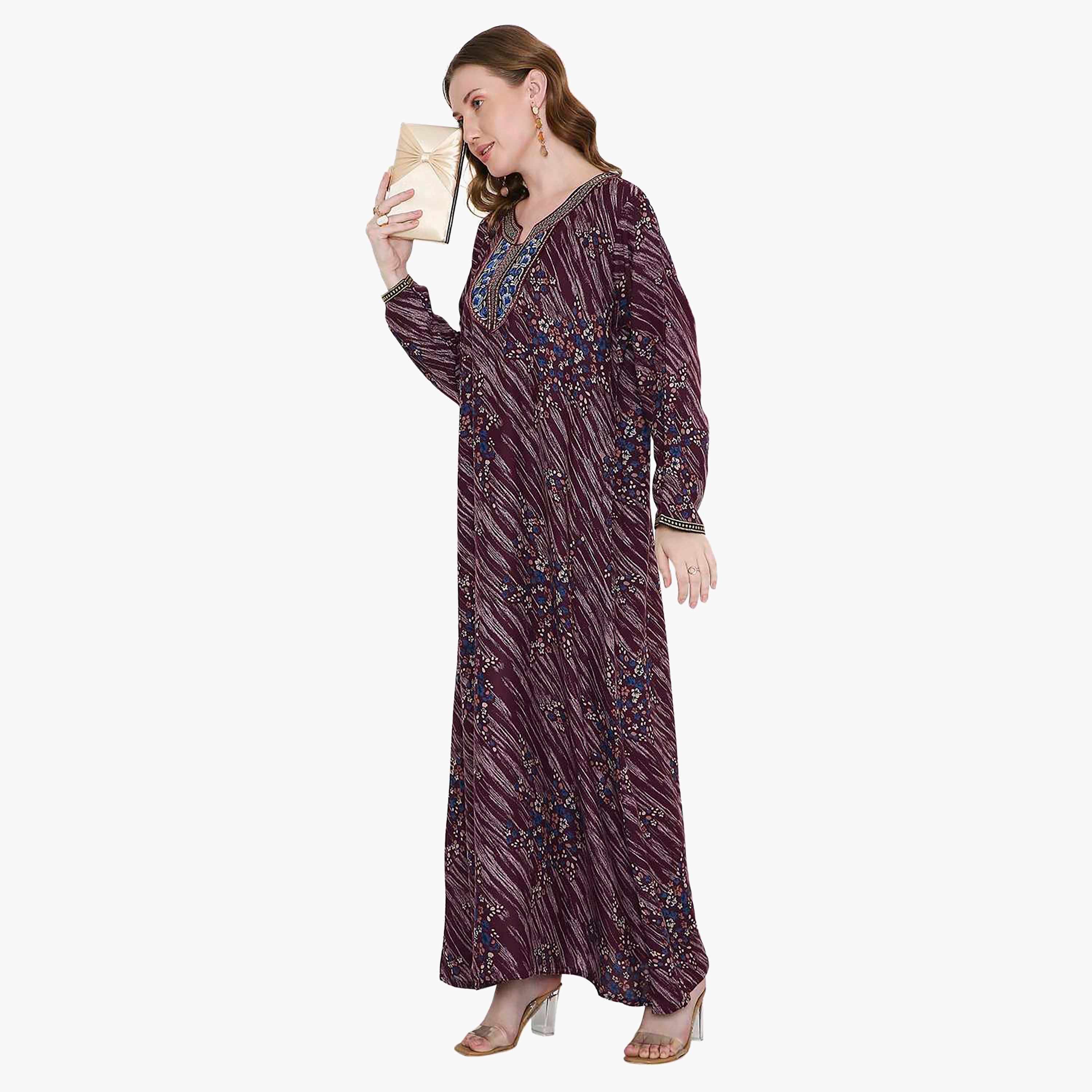 Hana & Sara Floral Print and Embroidered Yoke Detail Neck Designed Cuff Sleeves Women's Jalabiya-women-arabicclothing-jalabiyas-image-3