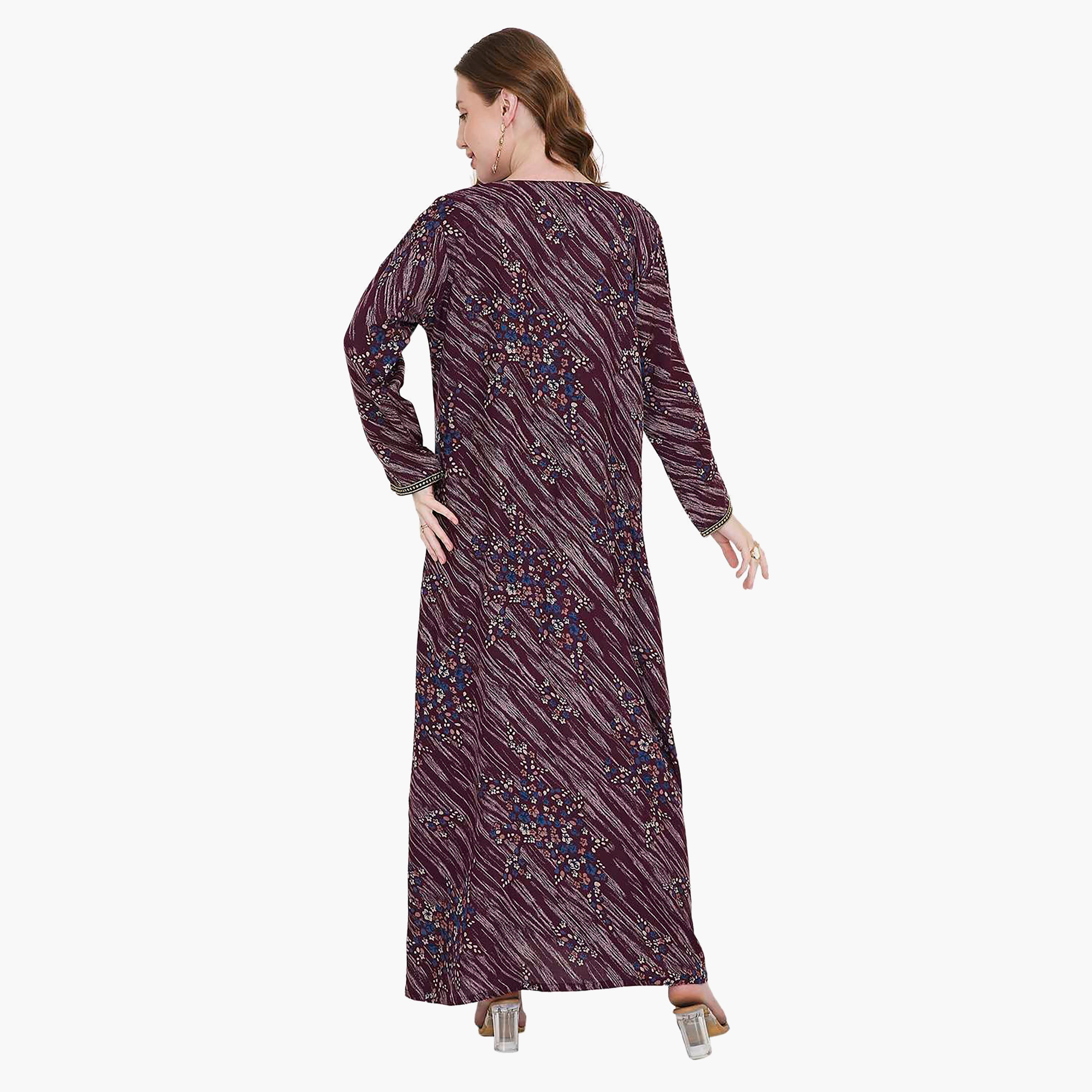 Hana & Sara Floral Print and Embroidered Yoke Detail Neck Designed Cuff Sleeves Women's Jalabiya-women-arabicclothing-jalabiyas-image-4