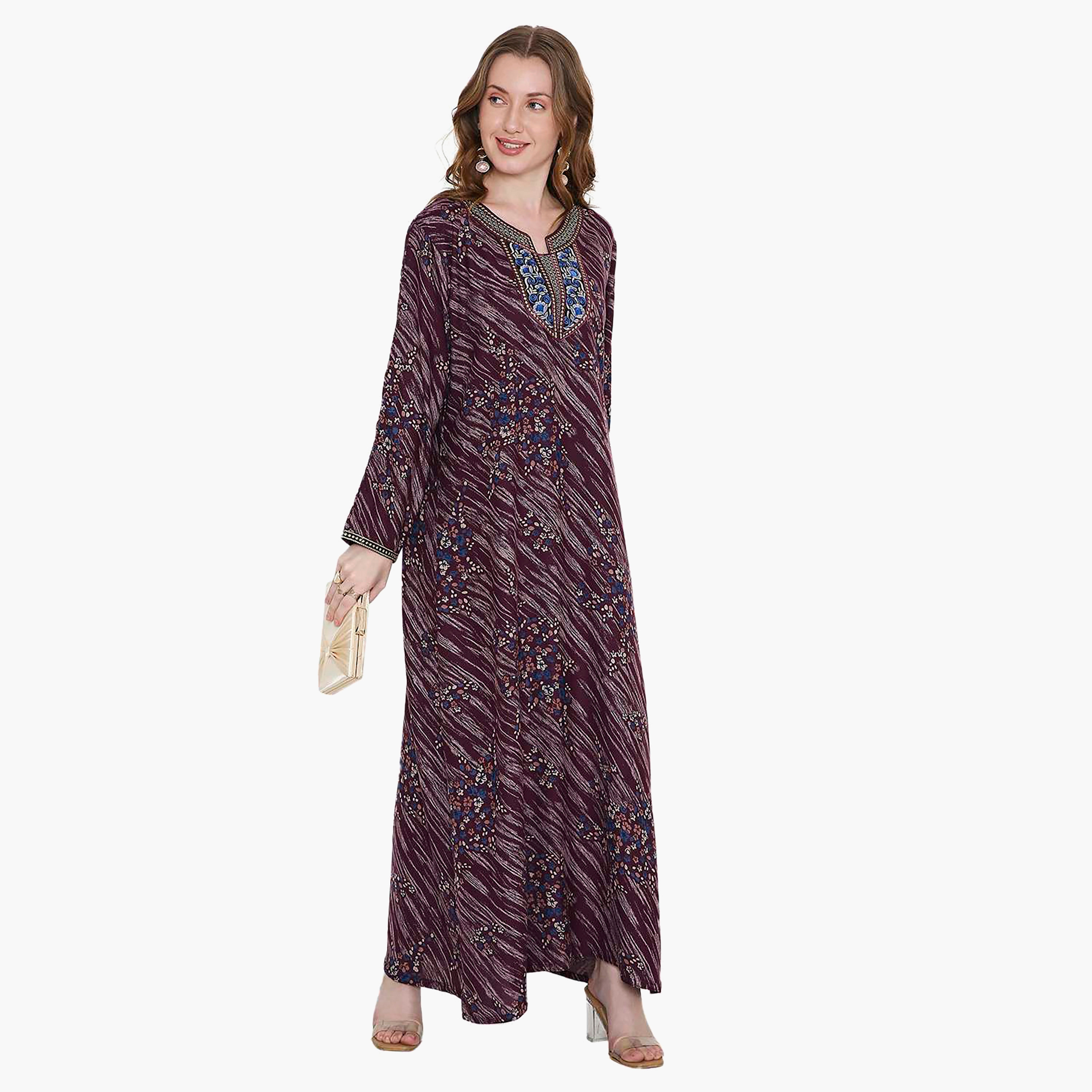 Hana & Sara Floral Print and Embroidered Yoke Detail Neck Designed Cuff Sleeves Women's Jalabiya-women-arabicclothing-jalabiyas-image-5