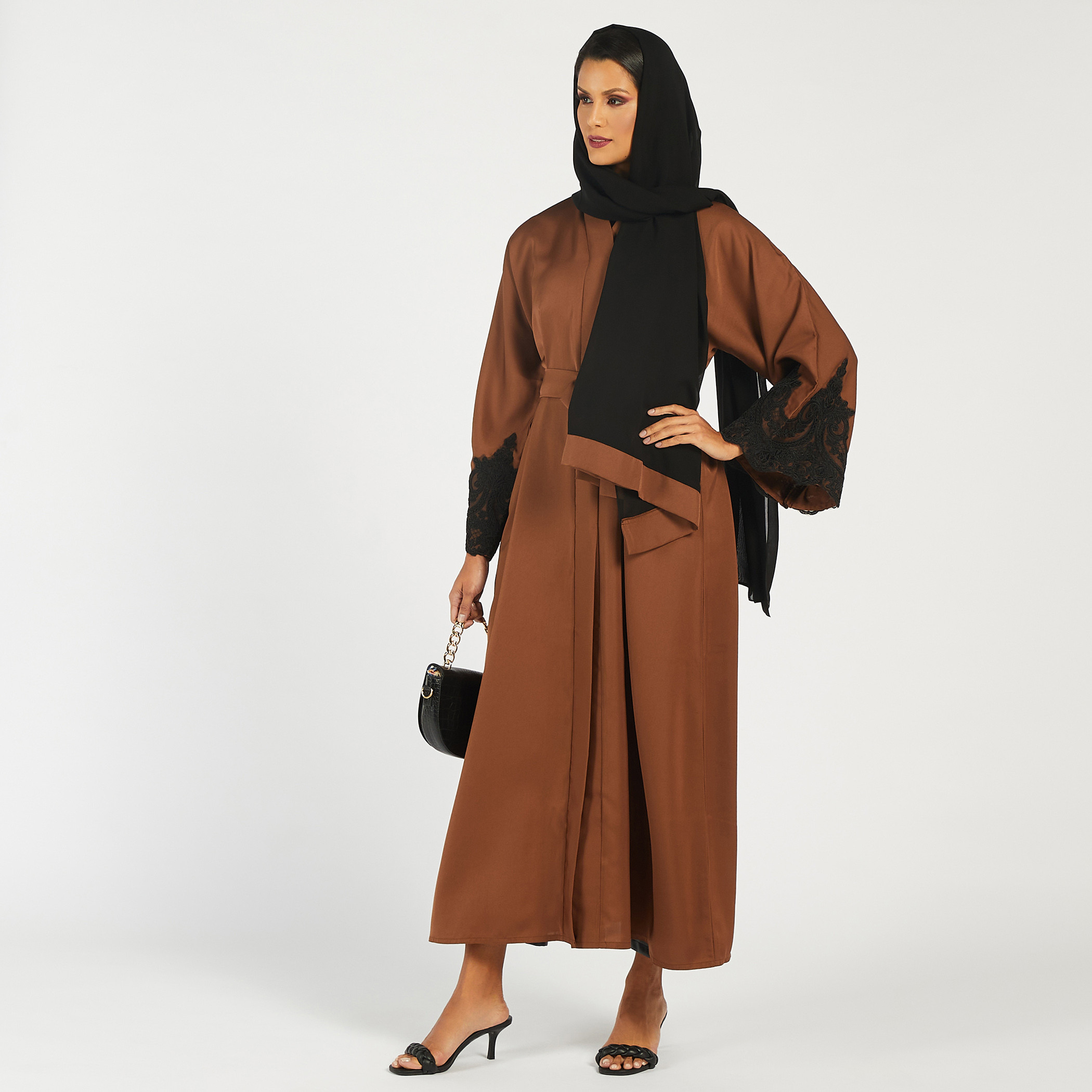 Nukhbaa Lace Detail Abaya with Tie-Up Belt and Hijab-women-arabicclothing-abayas-image-1