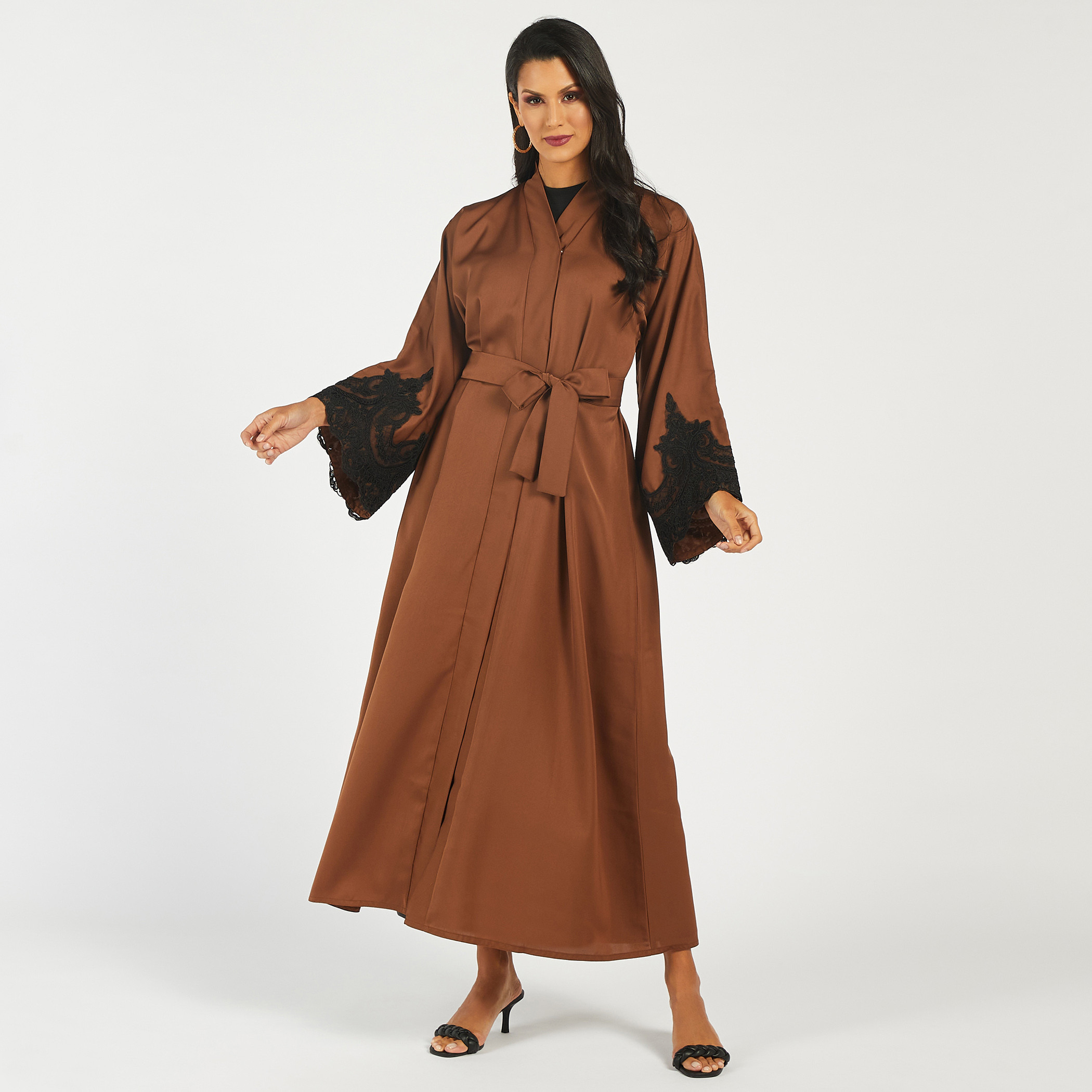 Nukhbaa Lace Detail Abaya with Tie-Up Belt and Hijab-women-arabicclothing-abayas-image-2