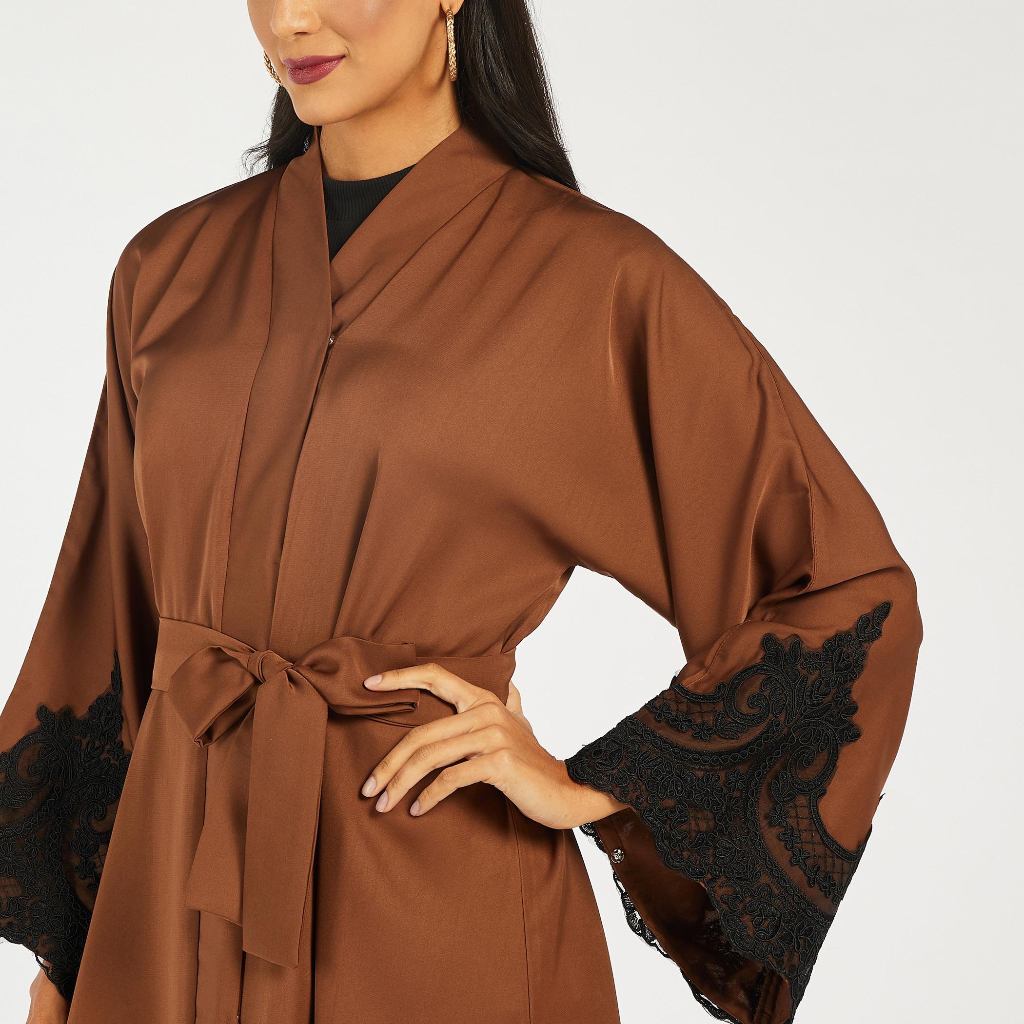 Nukhbaa Lace Detail Abaya with Tie-Up Belt and Hijab-women-arabicclothing-abayas-image-4
