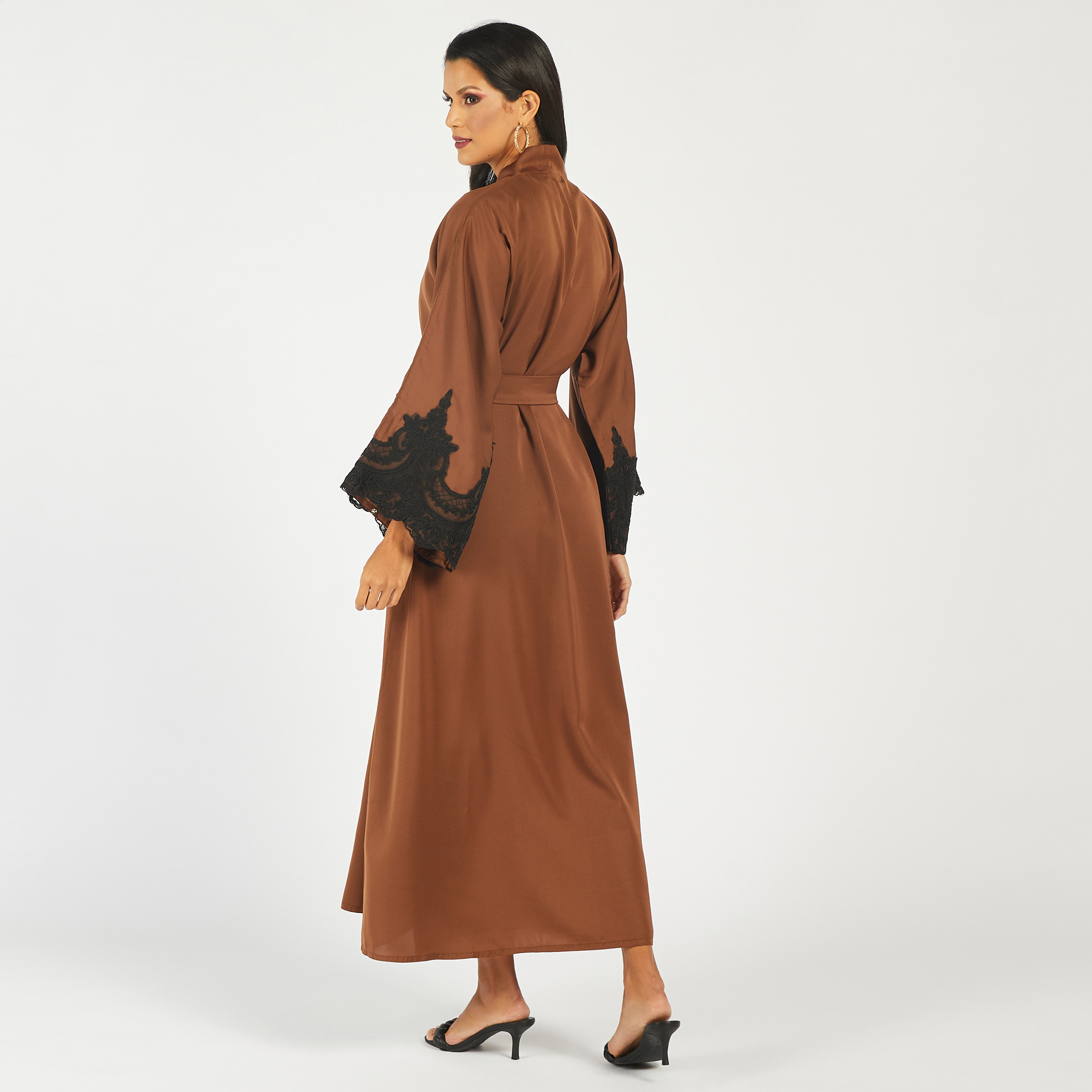 Nukhbaa Lace Detail Abaya with Tie-Up Belt and Hijab-women-arabicclothing-abayas-image-5