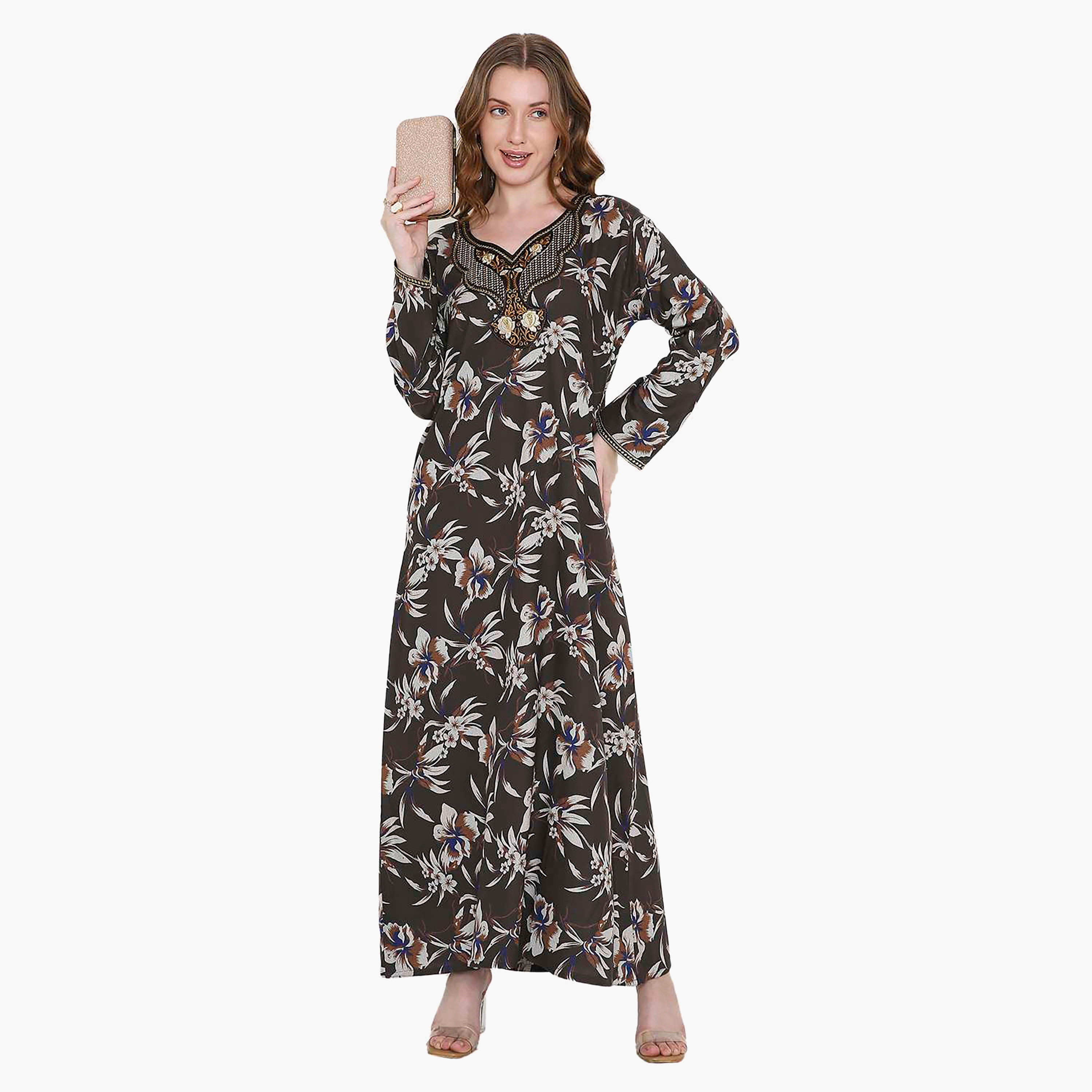 Hana & Sara Floral Print and Embroidered Yoke Detail Neck Designed Cuff Sleeves Women's Jalabiya-women-arabicclothing-jalabiyas-image-6