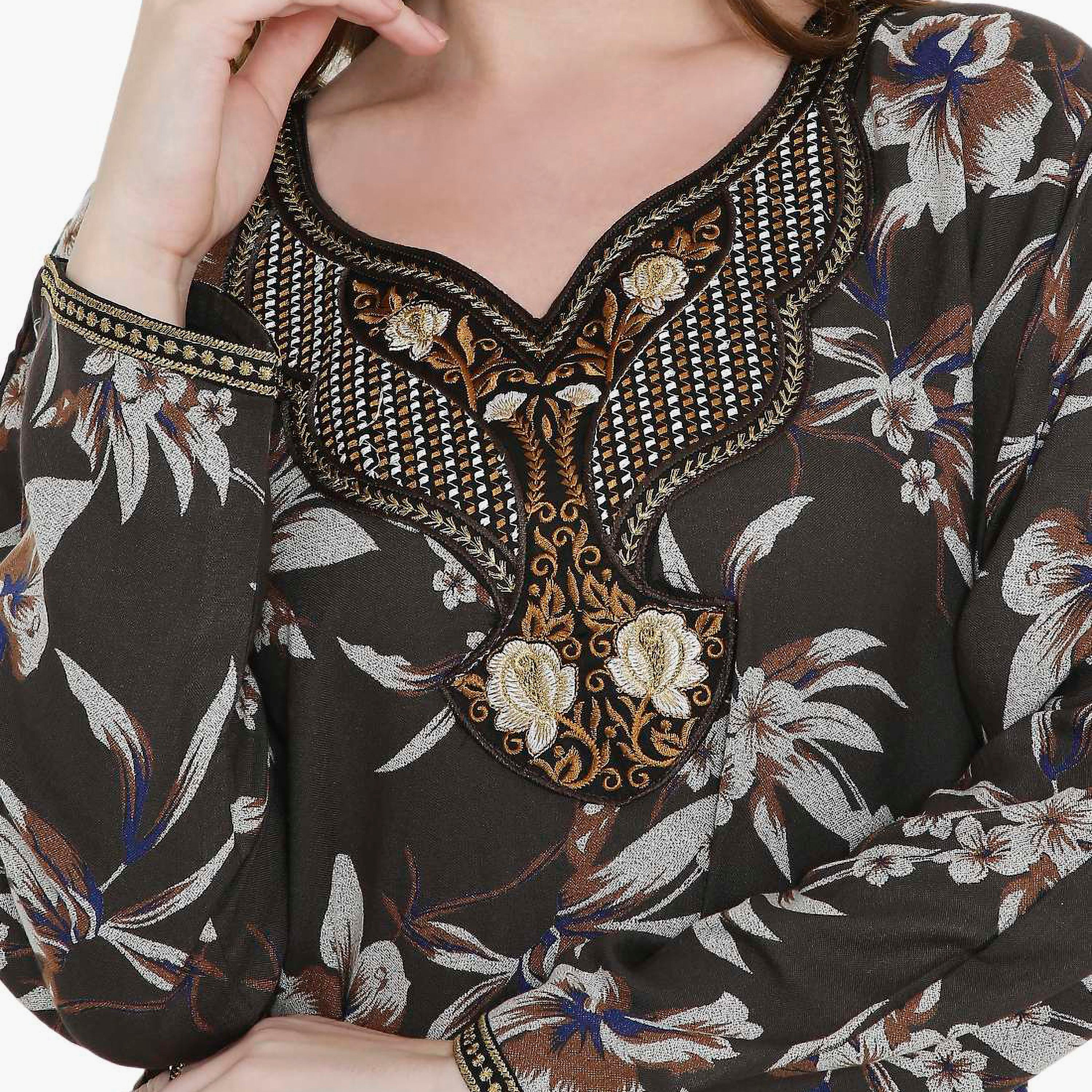 Hana & Sara Floral Print and Embroidered Yoke Detail Neck Designed Cuff Sleeves Women's Jalabiya-women-arabicclothing-jalabiyas-image-7