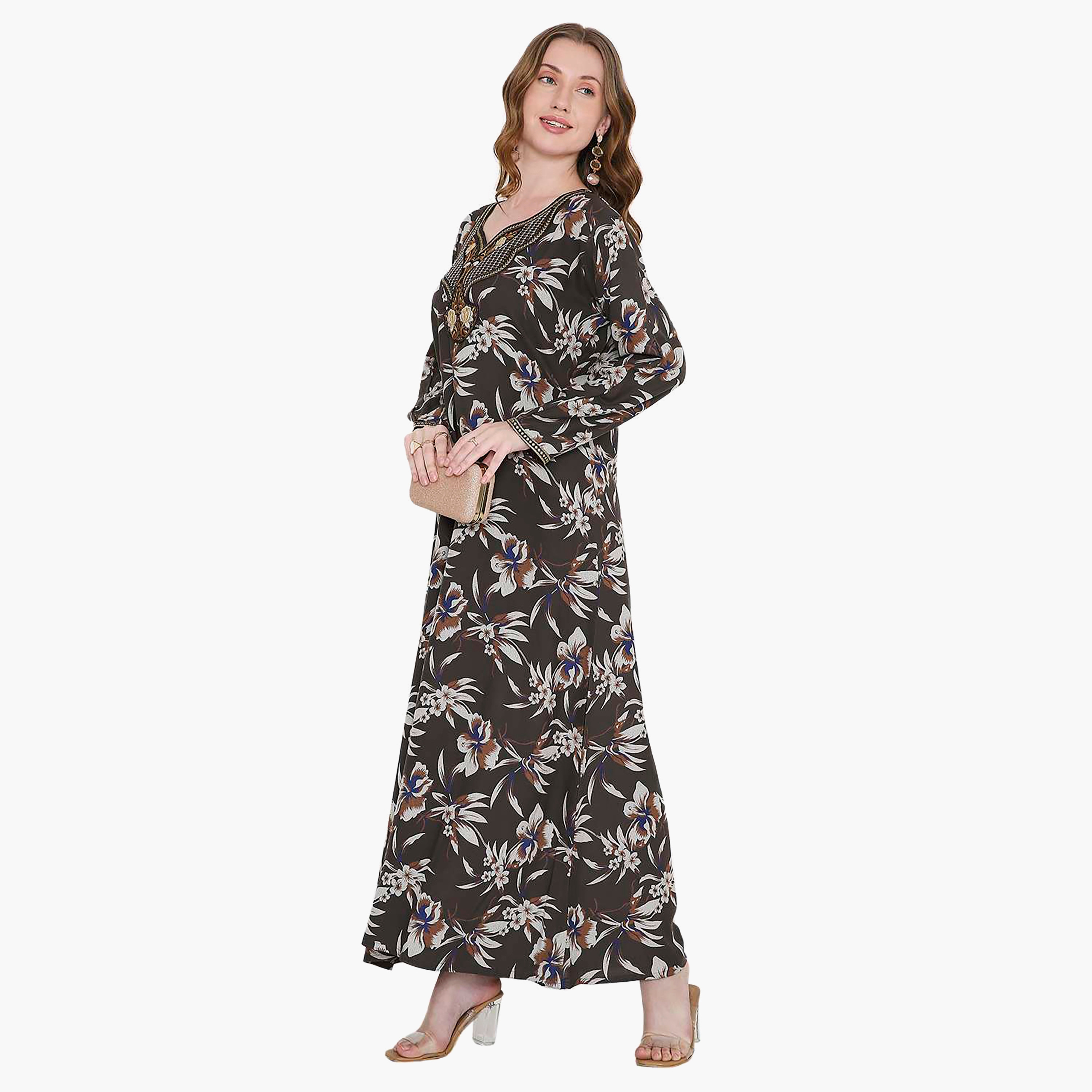 Hana & Sara Floral Print and Embroidered Yoke Detail Neck Designed Cuff Sleeves Women's Jalabiya-women-arabicclothing-jalabiyas-image-8