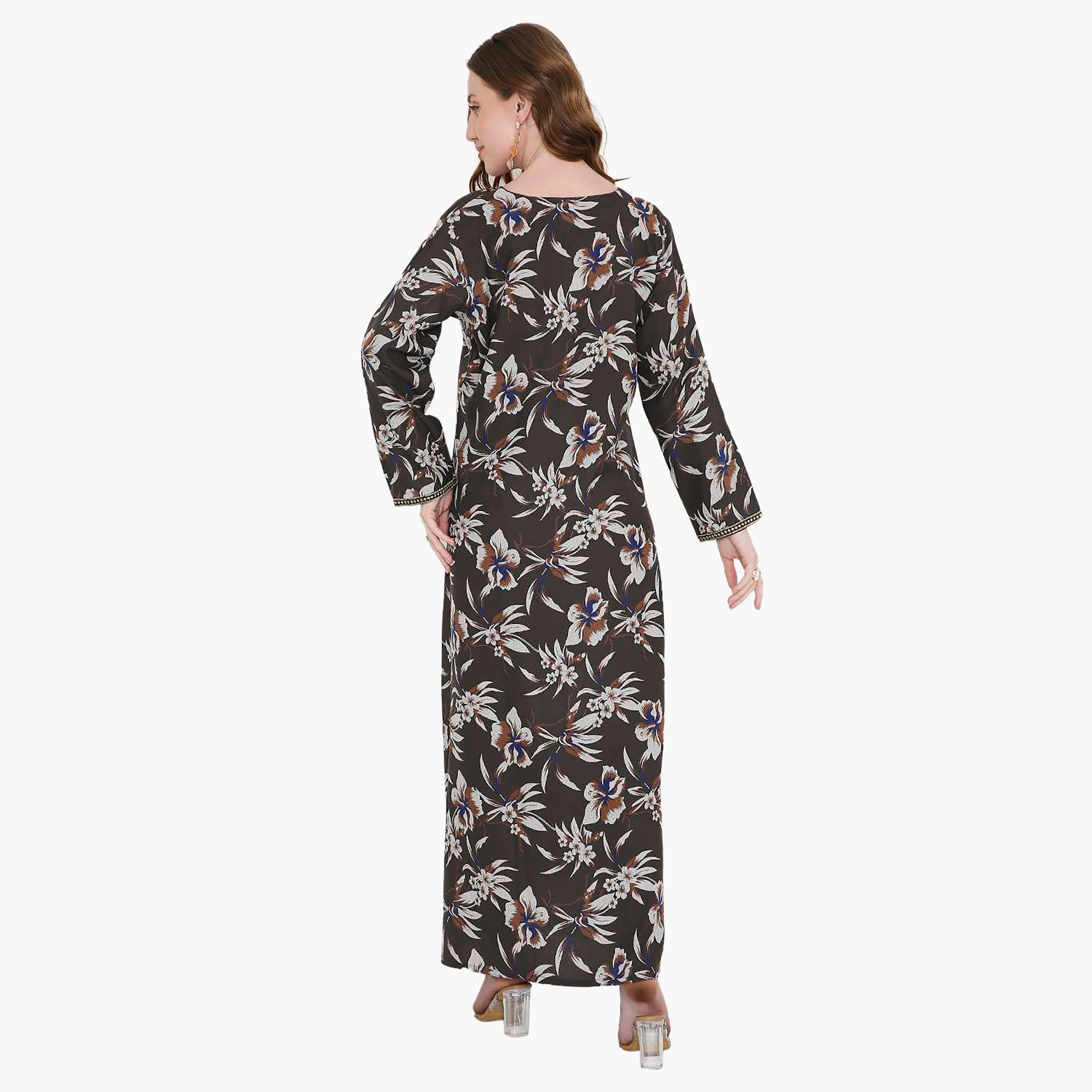 Hana & Sara Floral Print and Embroidered Yoke Detail Neck Designed Cuff Sleeves Women's Jalabiya-women-arabicclothing-jalabiyas-image-9