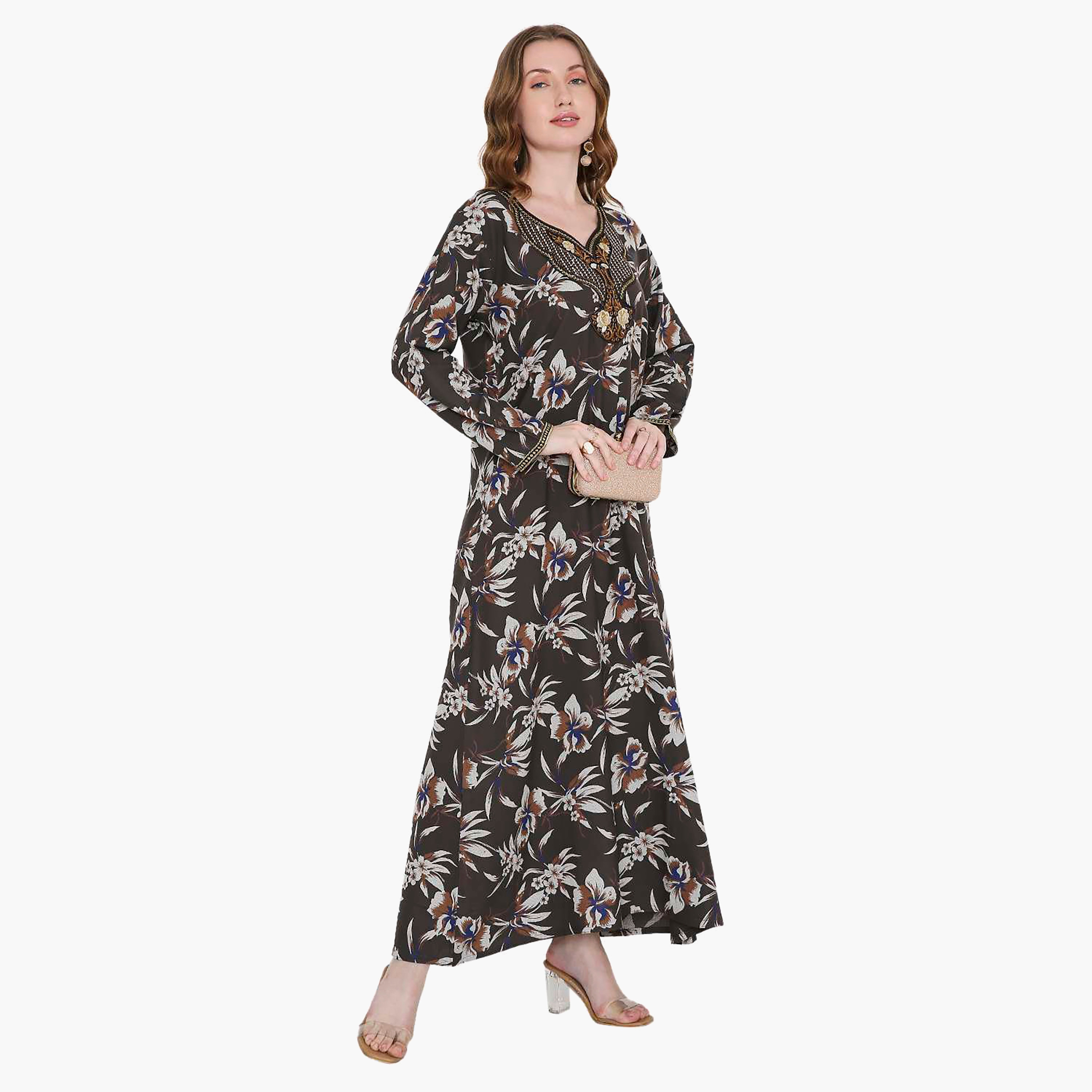 Hana & Sara Floral Print and Embroidered Yoke Detail Neck Designed Cuff Sleeves Women's Jalabiya-women-arabicclothing-jalabiyas-image-10