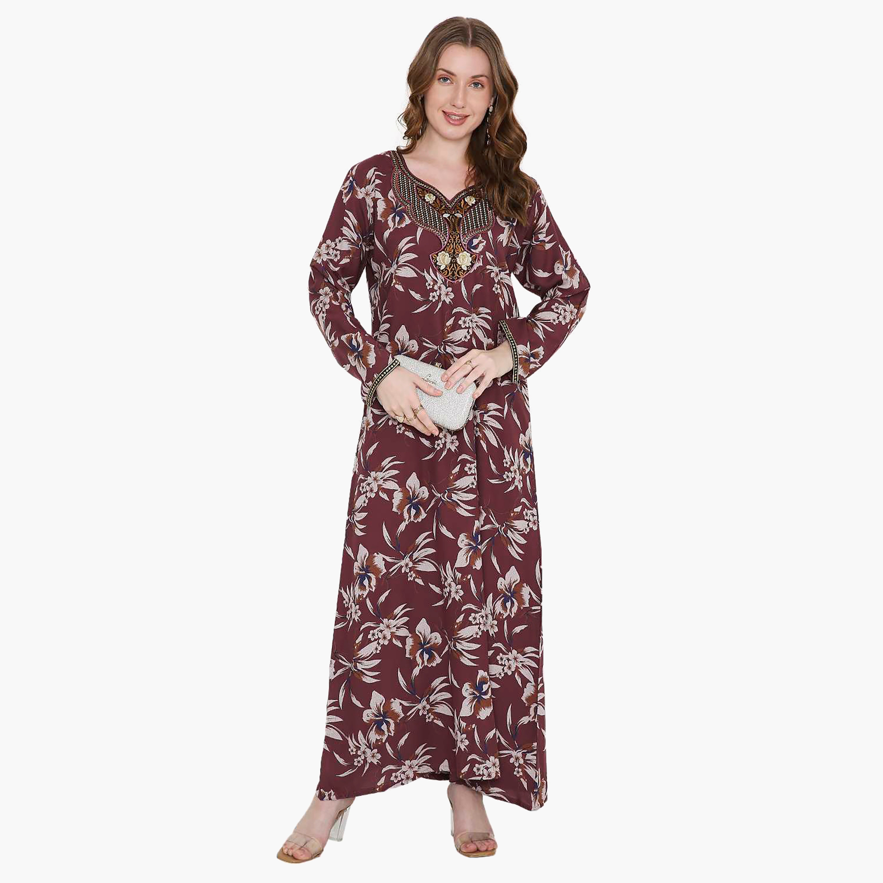 Hana & Sara Floral Print and Embroidered Yoke Detail Neck Designed Cuff Sleeves Women's Jalabiya-women-arabicclothing-jalabiyas-image-1