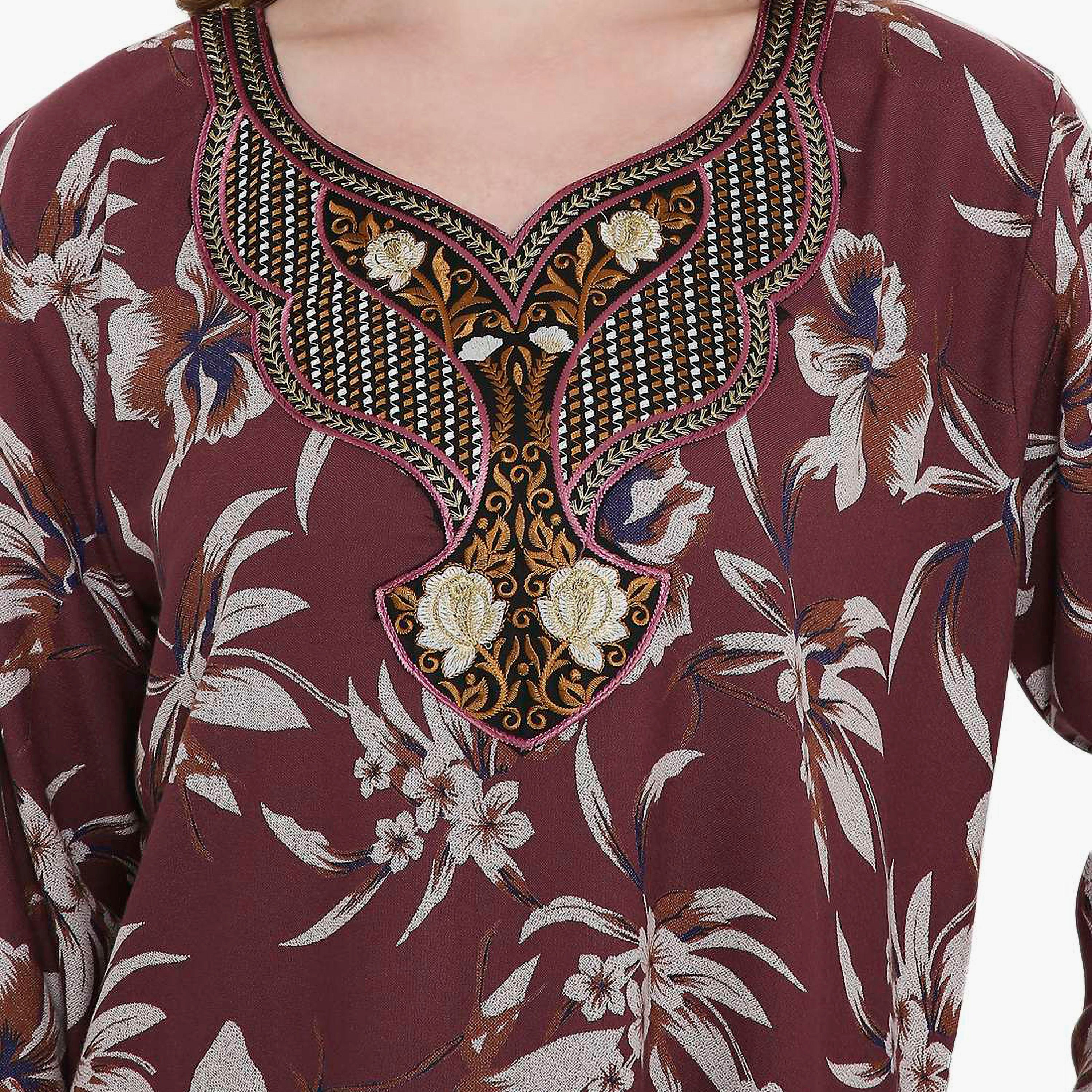 Hana & Sara Floral Print and Embroidered Yoke Detail Neck Designed Cuff Sleeves Women's Jalabiya-women-arabicclothing-jalabiyas-image-2