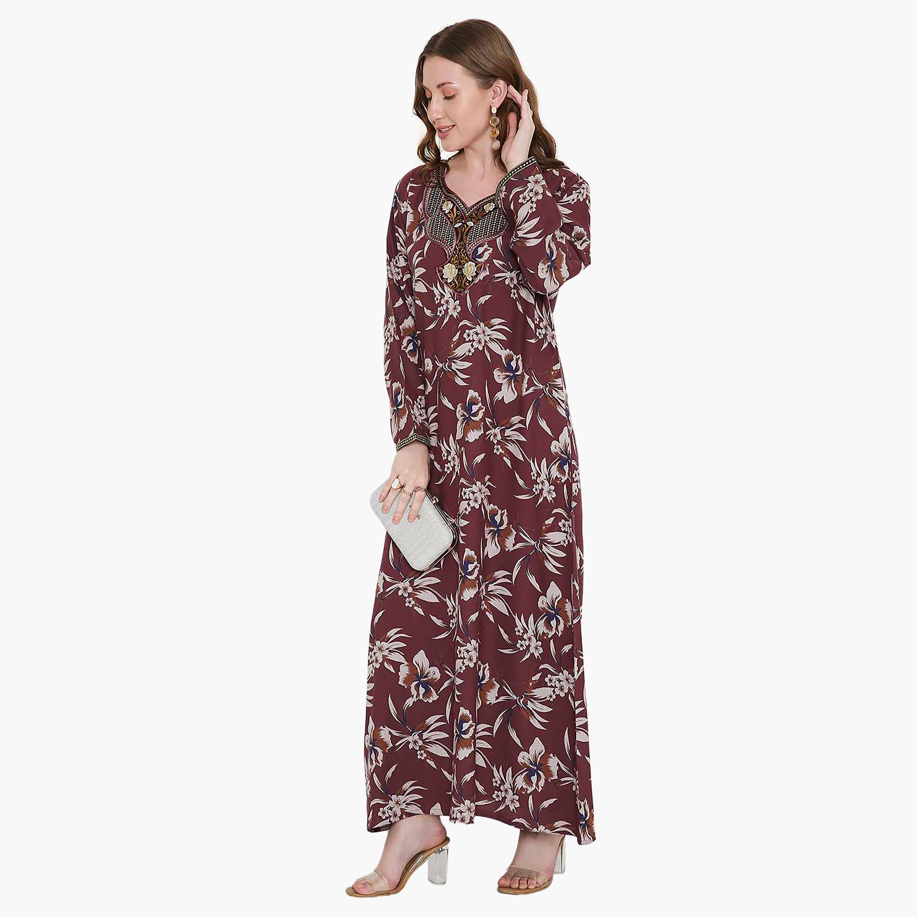 Hana & Sara Floral Print and Embroidered Yoke Detail Neck Designed Cuff Sleeves Women's Jalabiya-women-arabicclothing-jalabiyas-image-3
