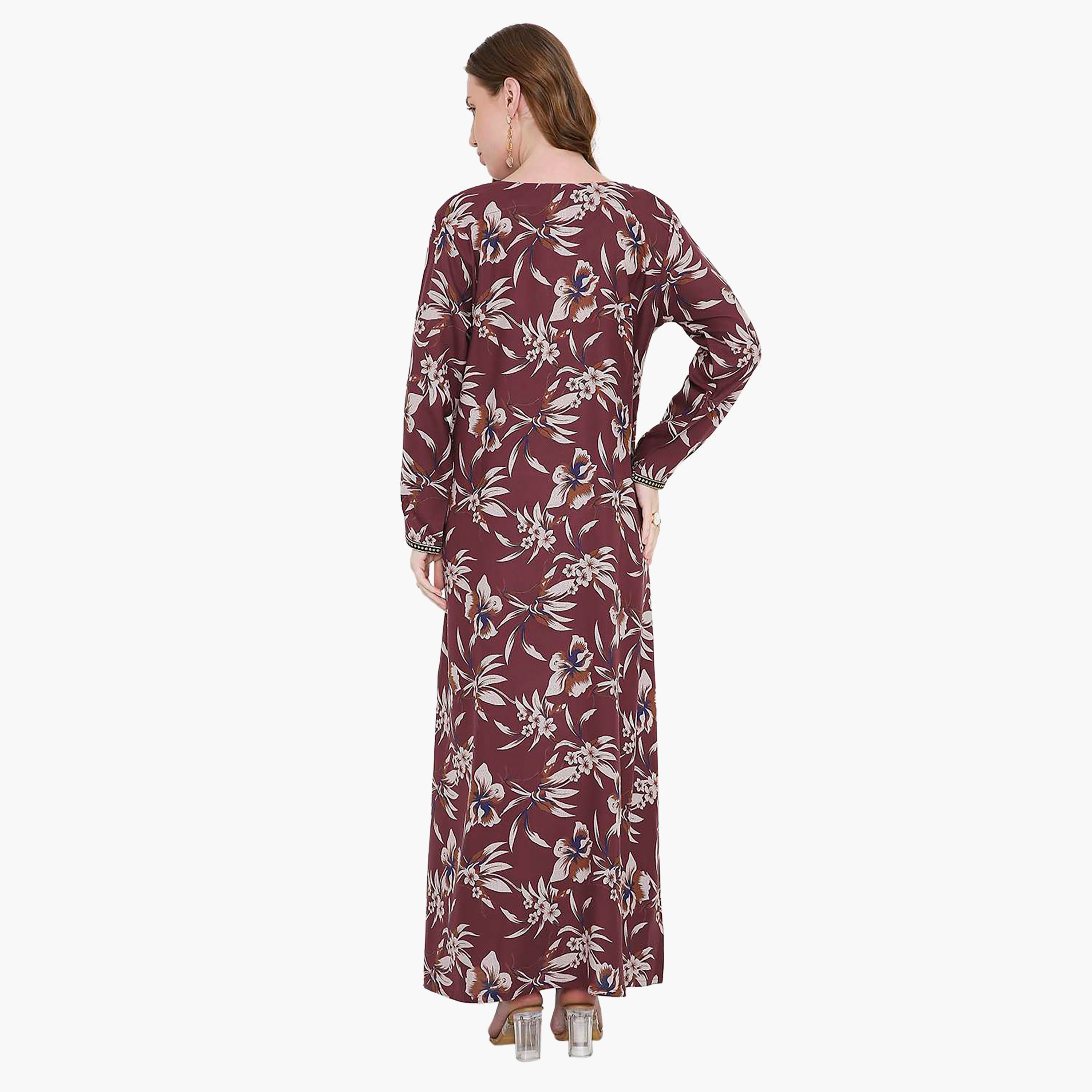 Hana & Sara Floral Print and Embroidered Yoke Detail Neck Designed Cuff Sleeves Women's Jalabiya-women-arabicclothing-jalabiyas-image-4