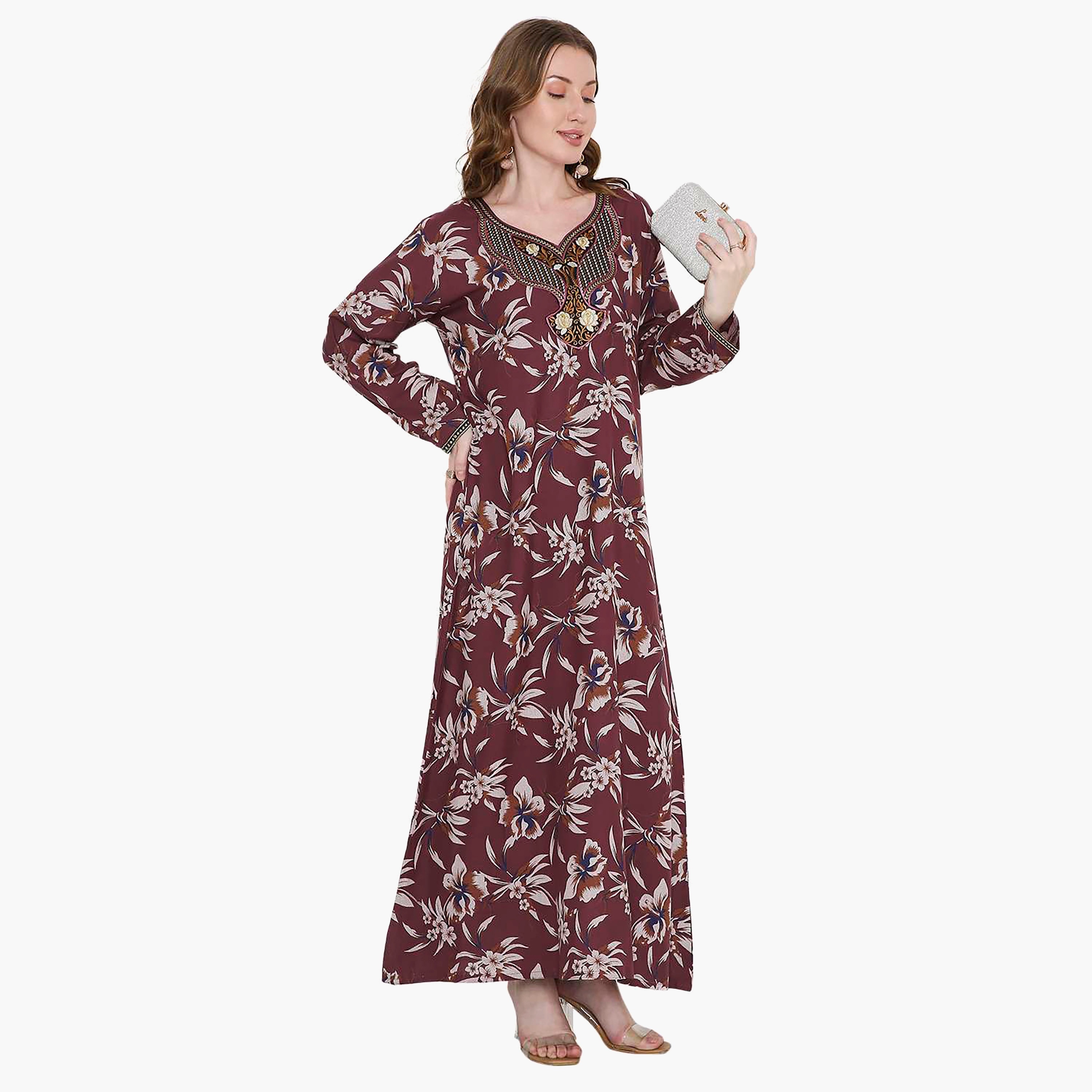 Hana & Sara Floral Print and Embroidered Yoke Detail Neck Designed Cuff Sleeves Women's Jalabiya-women-arabicclothing-jalabiyas-image-5