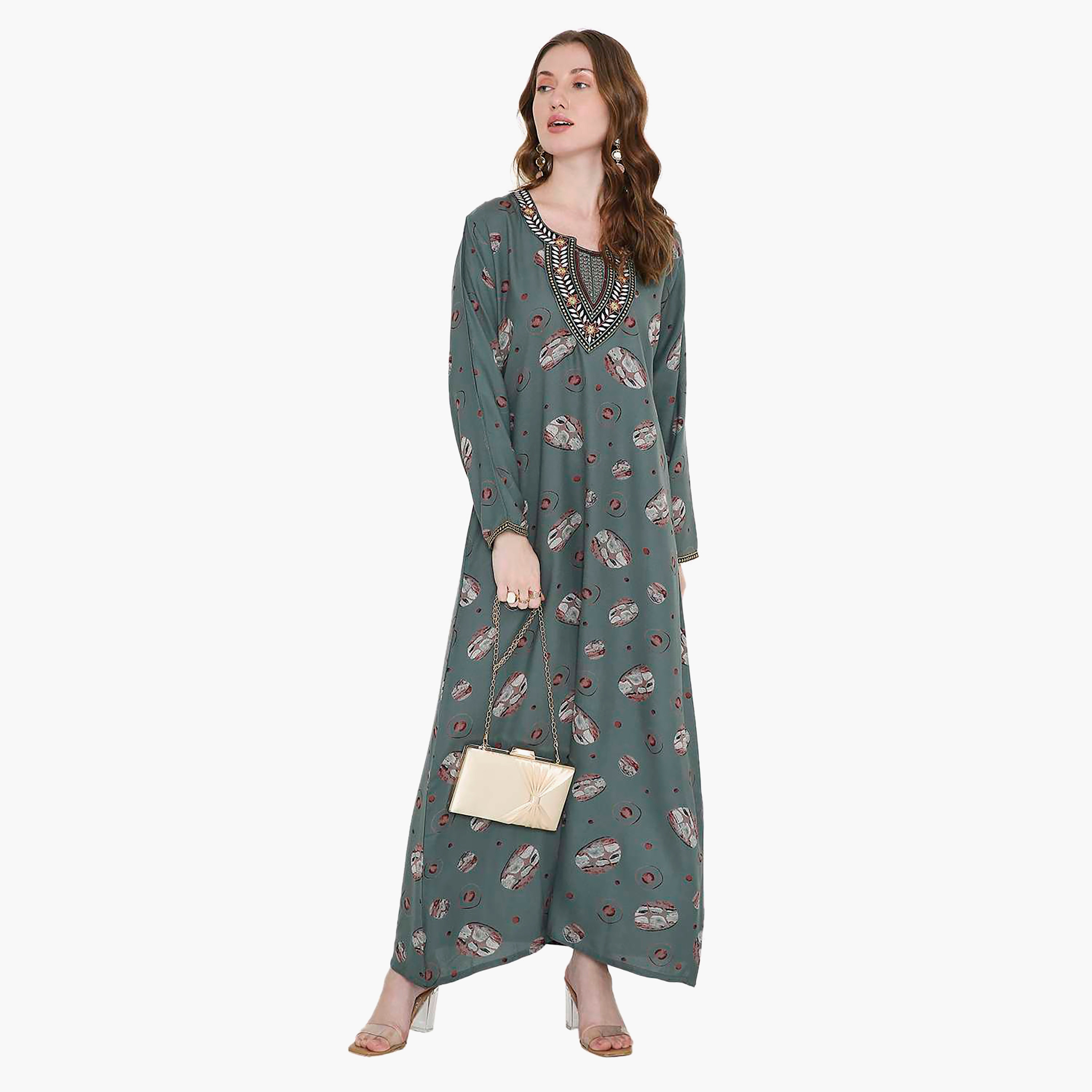 Hana & Sara Printed and Embroidered Yoke Detail Neck Designed Cuff Sleeves Women's Jalabiya-women-arabicclothing-jalabiyas-image-6