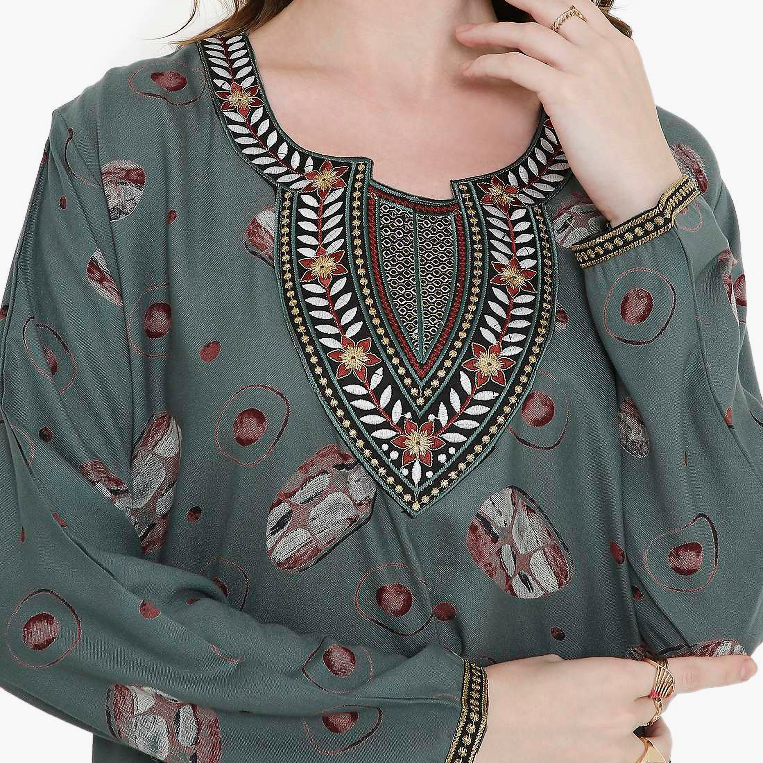 Hana & Sara Printed and Embroidered Yoke Detail Neck Designed Cuff Sleeves Women's Jalabiya-women-arabicclothing-jalabiyas-image-7