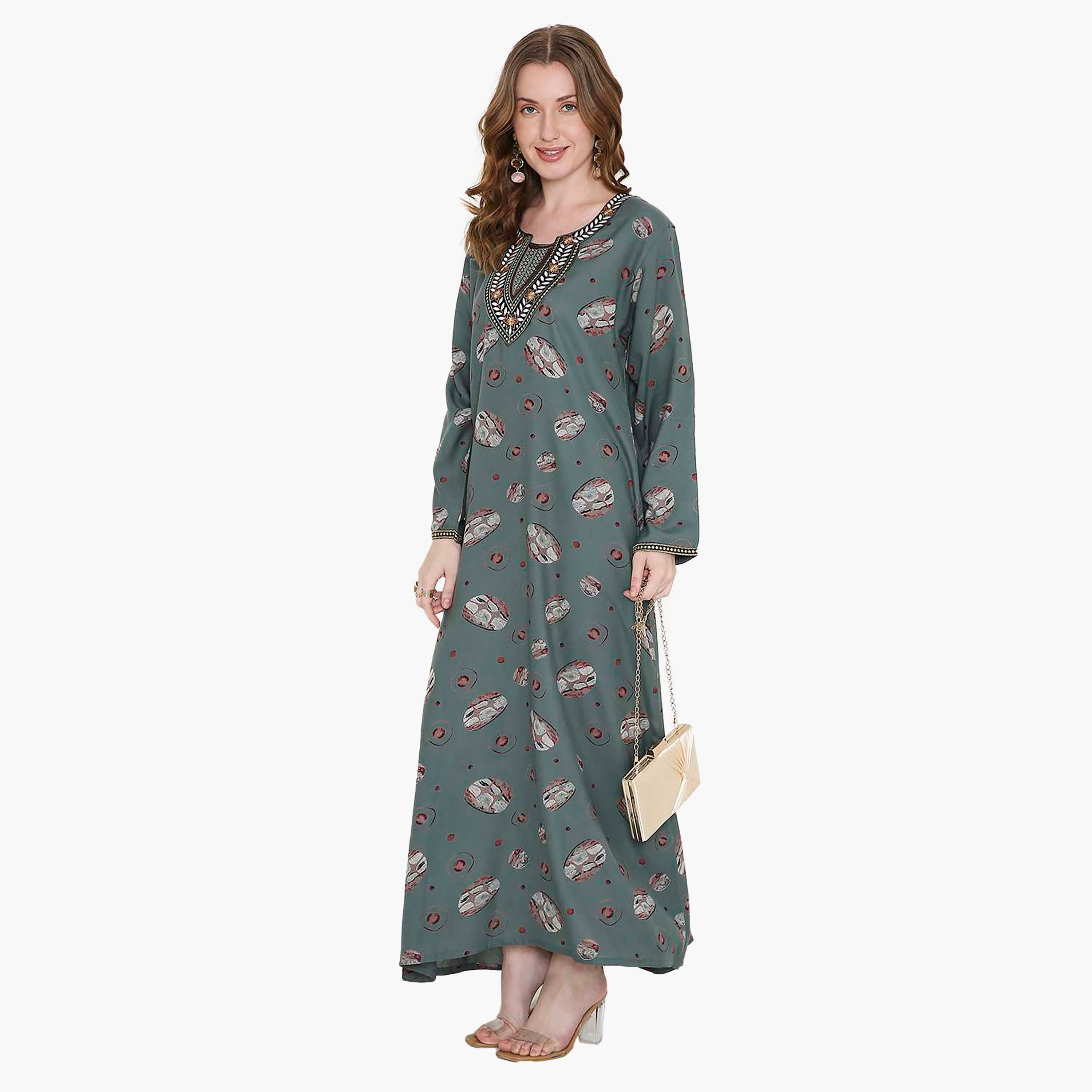 Hana & Sara Printed and Embroidered Yoke Detail Neck Designed Cuff Sleeves Women's Jalabiya-women-arabicclothing-jalabiyas-image-8