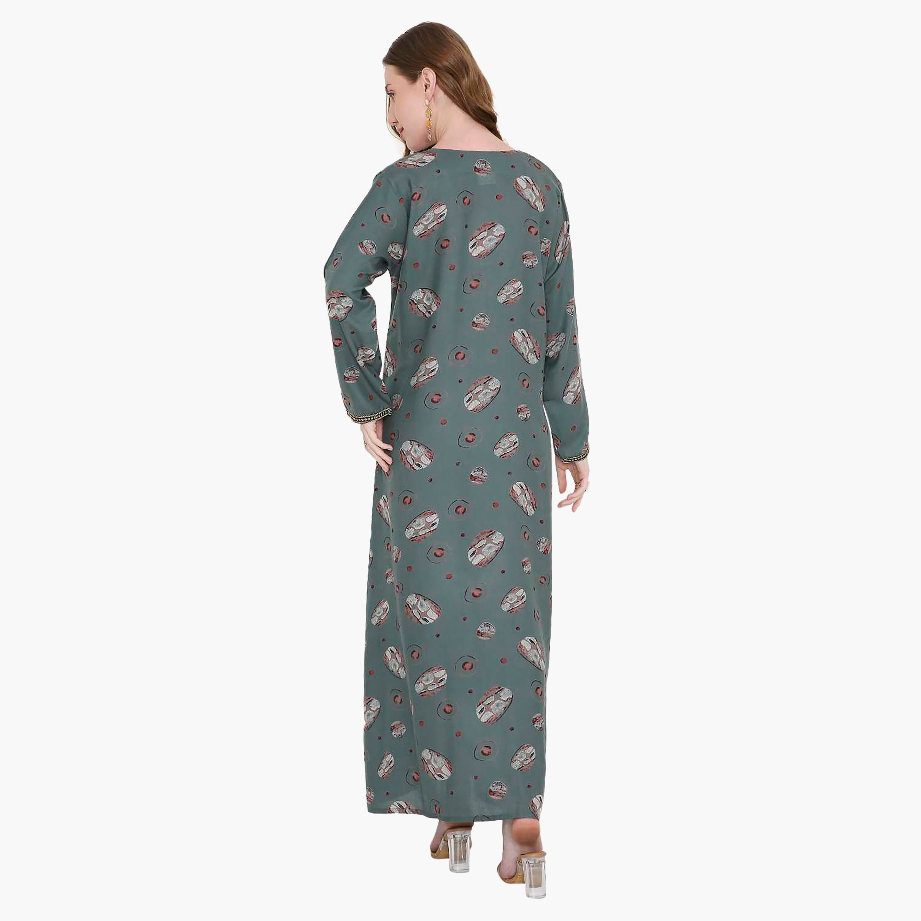 Hana & Sara Printed and Embroidered Yoke Detail Neck Designed Cuff Sleeves Women's Jalabiya-women-arabicclothing-jalabiyas-image-9