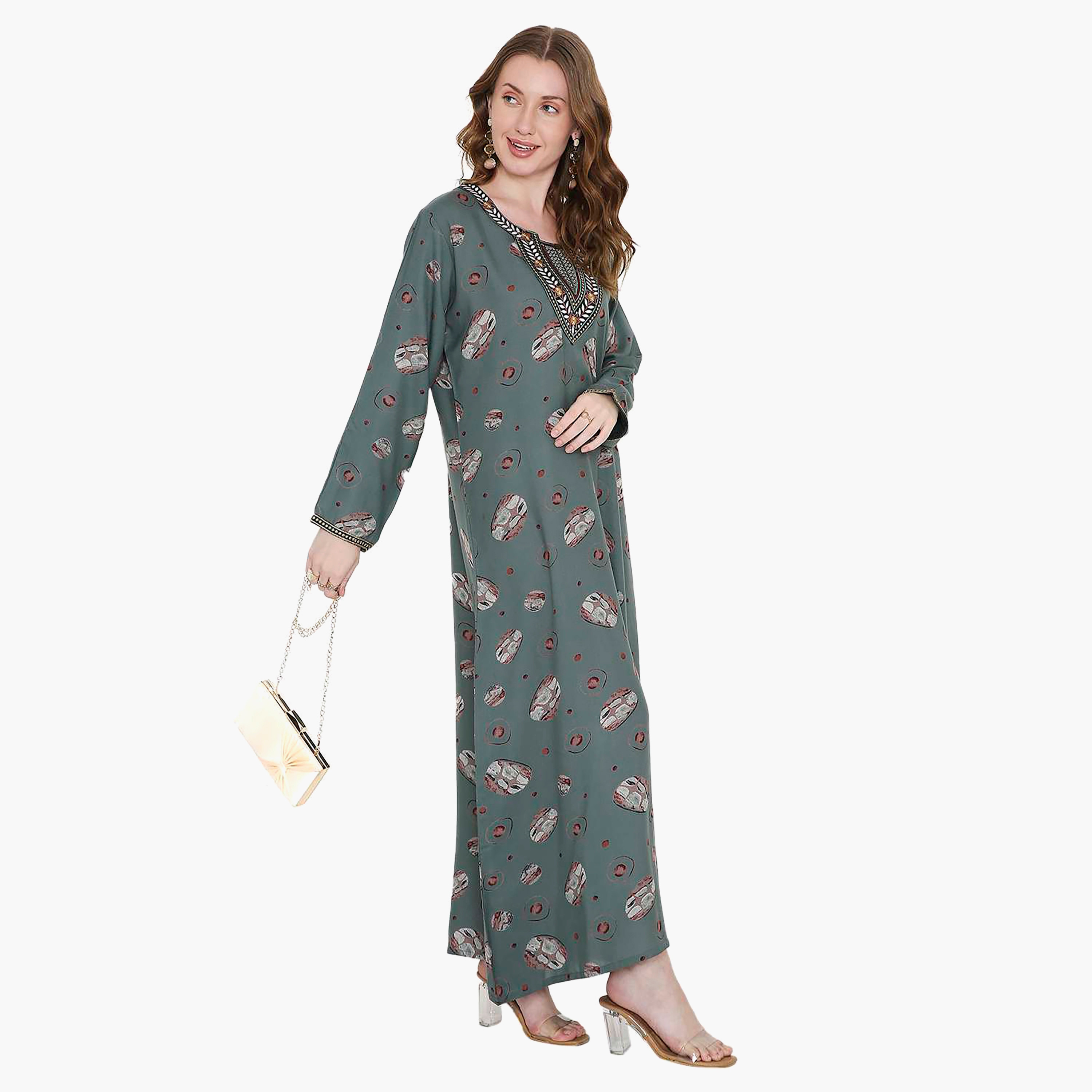 Hana & Sara Printed and Embroidered Yoke Detail Neck Designed Cuff Sleeves Women's Jalabiya-women-arabicclothing-jalabiyas-image-10