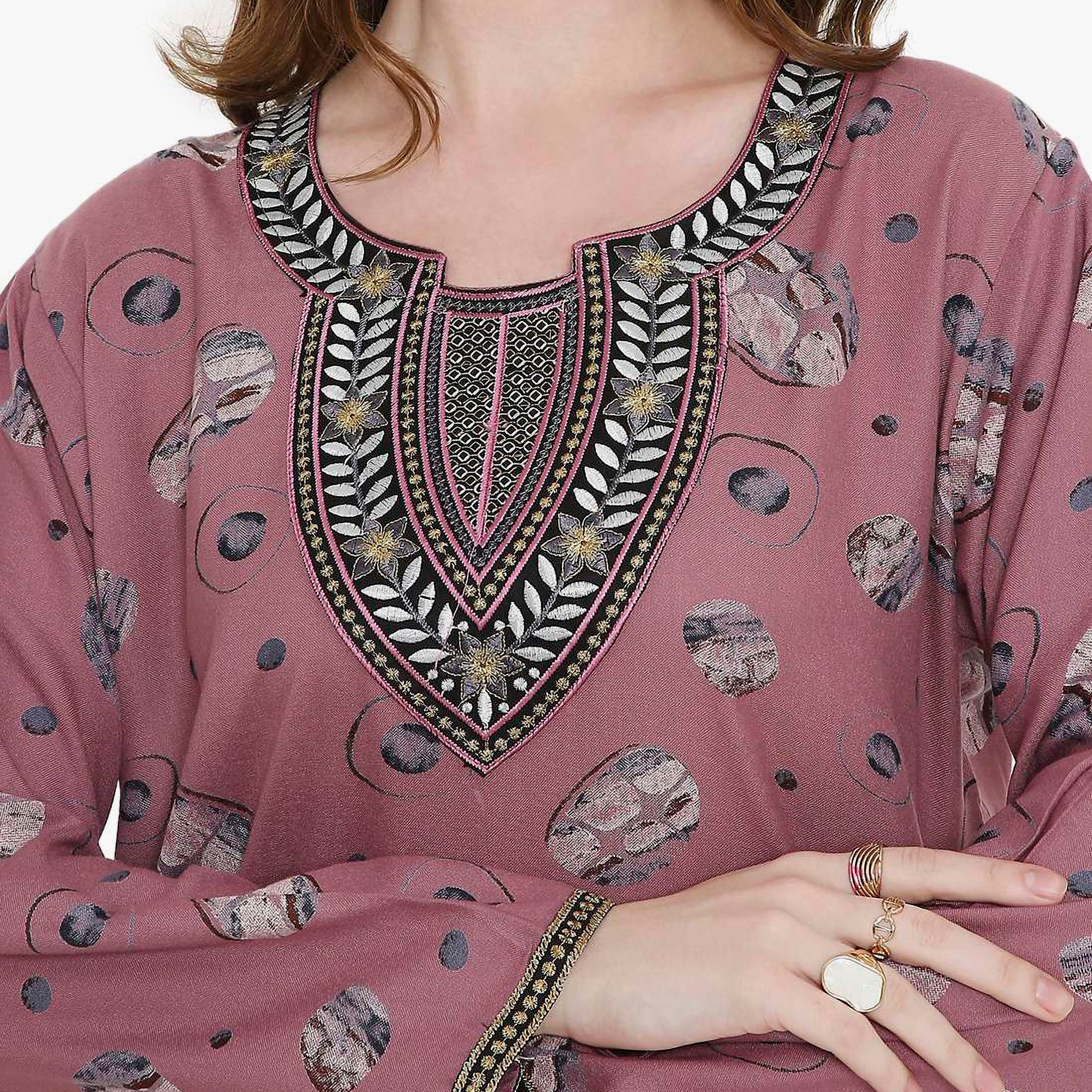 Hana & Sara Printed and Embroidered Yoke Detail Neck Designed Cuff Sleeves Women's Jalabiya-women-arabicclothing-jalabiyas-image-2