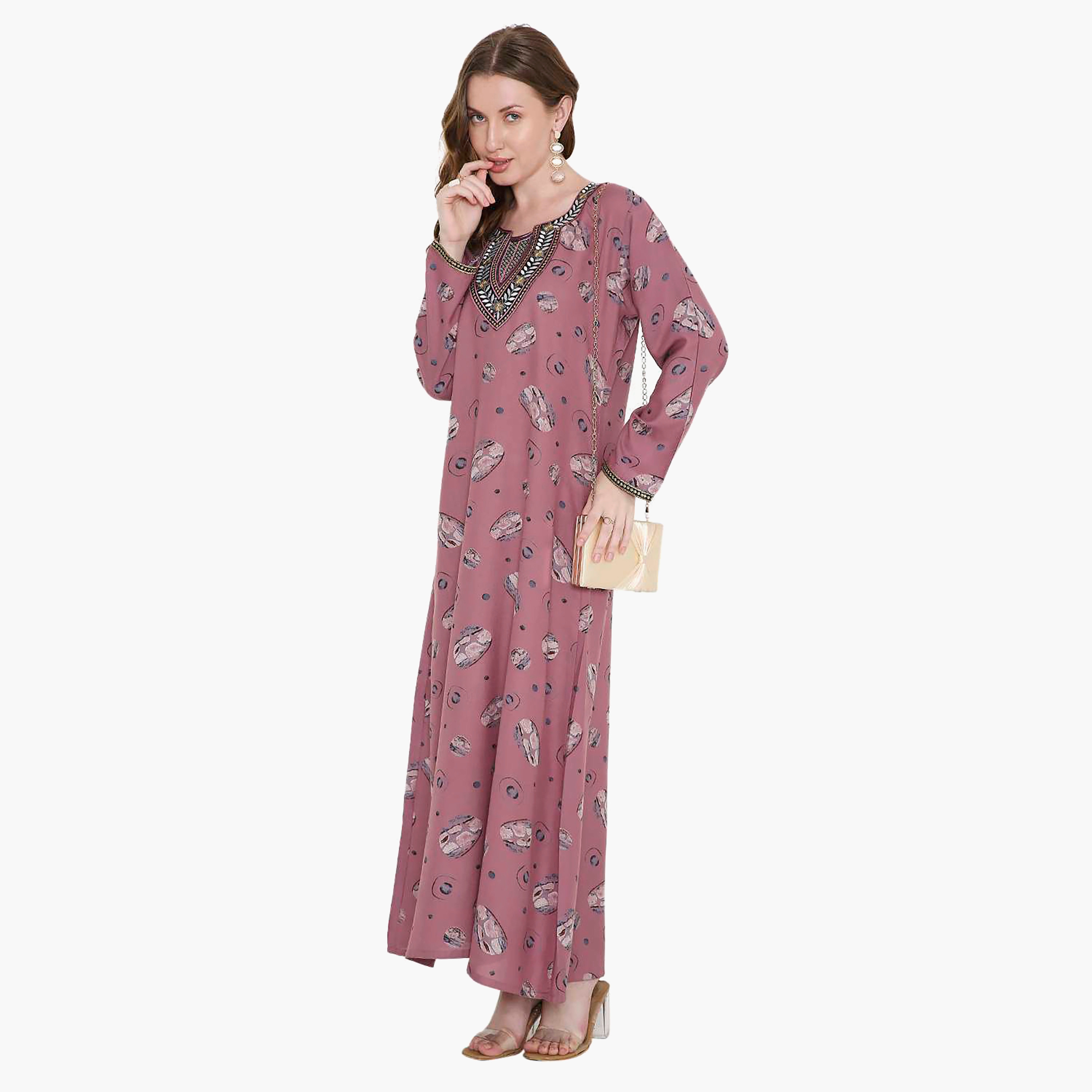 Hana & Sara Printed and Embroidered Yoke Detail Neck Designed Cuff Sleeves Women's Jalabiya-women-arabicclothing-jalabiyas-image-3