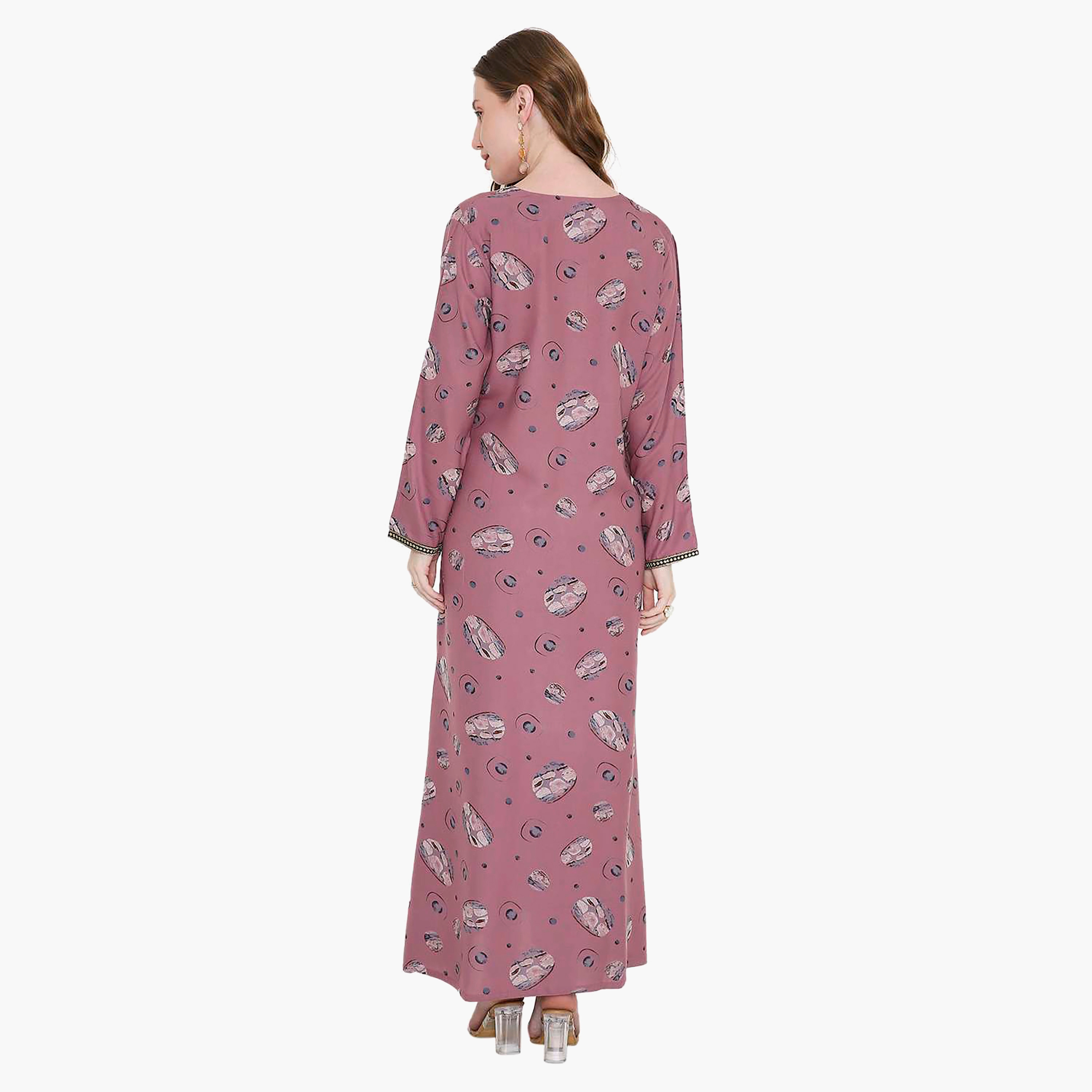 جلابية نسائية بتصميم مطبوع ومطرز مع أكمام طويلة وتصميم نير من هانا اند سارة-women-arabicclothing-jalabiyas-image-4