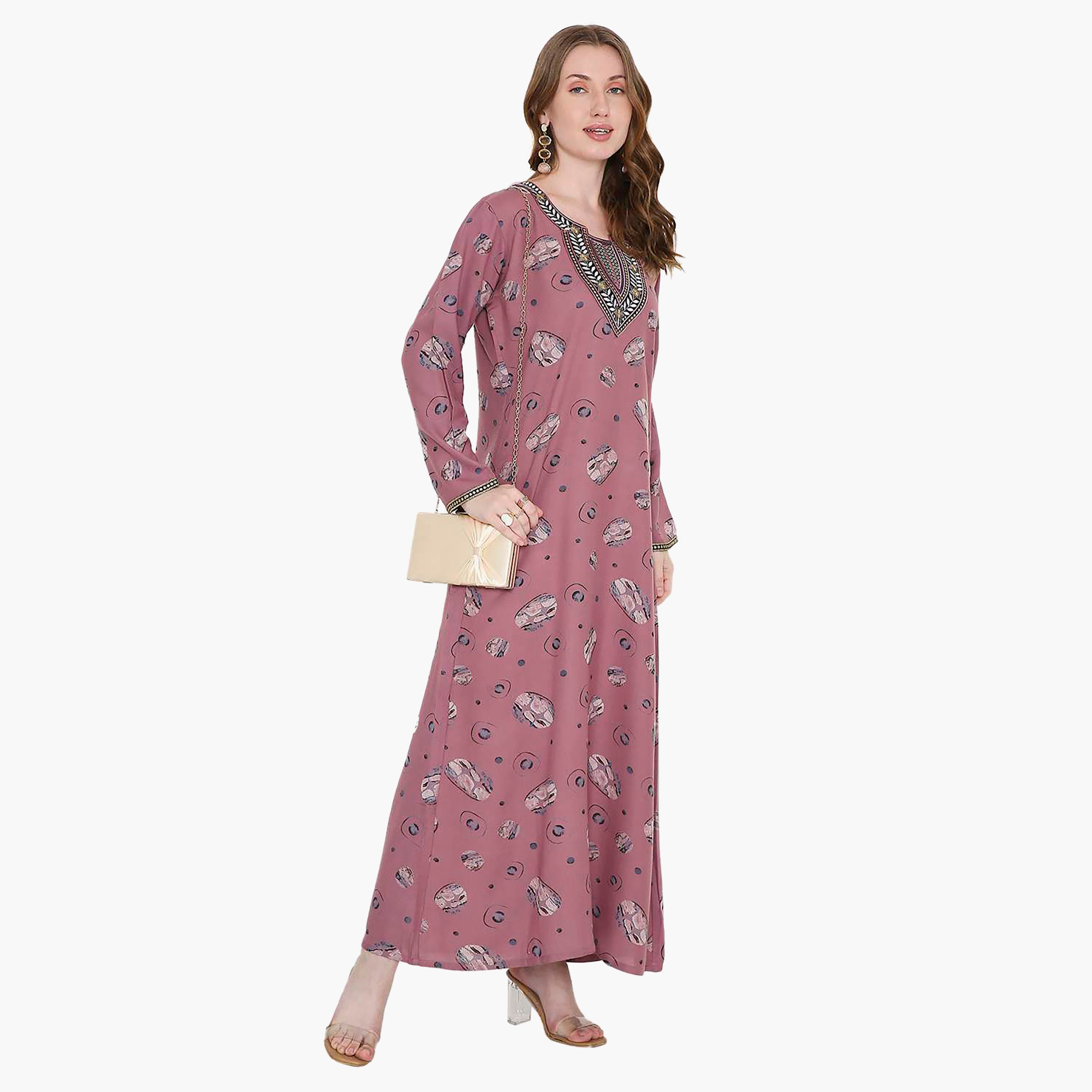 جلابية نسائية بتصميم مطبوع ومطرز مع أكمام طويلة وتصميم نير من هانا اند سارة-women-arabicclothing-jalabiyas-image-5
