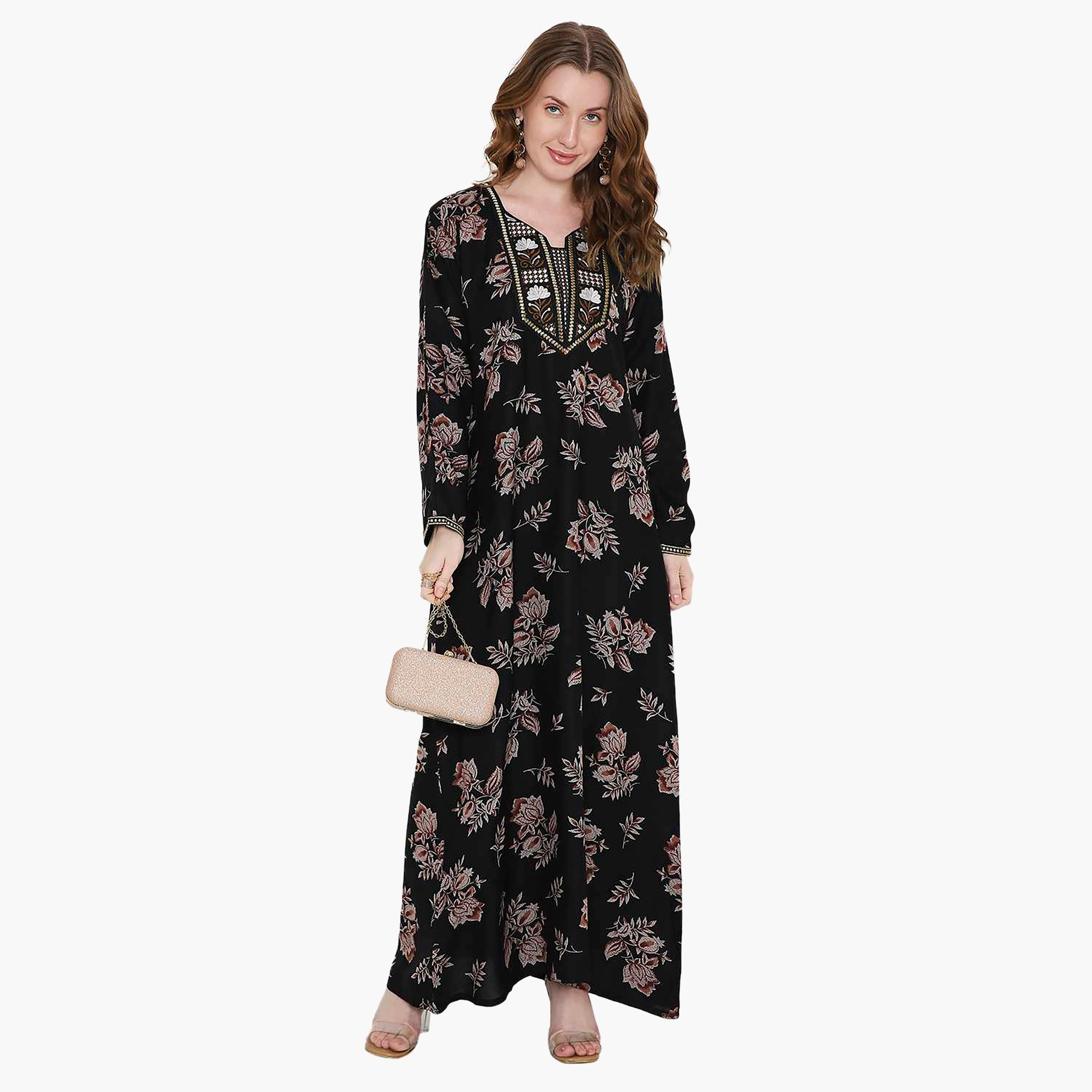 Hana & Sara Floral Print and Embroidered Yoke Detail Neck Designed Cuff Sleeves Women's Jalabiya-women-arabicclothing-jalabiyas-image-6