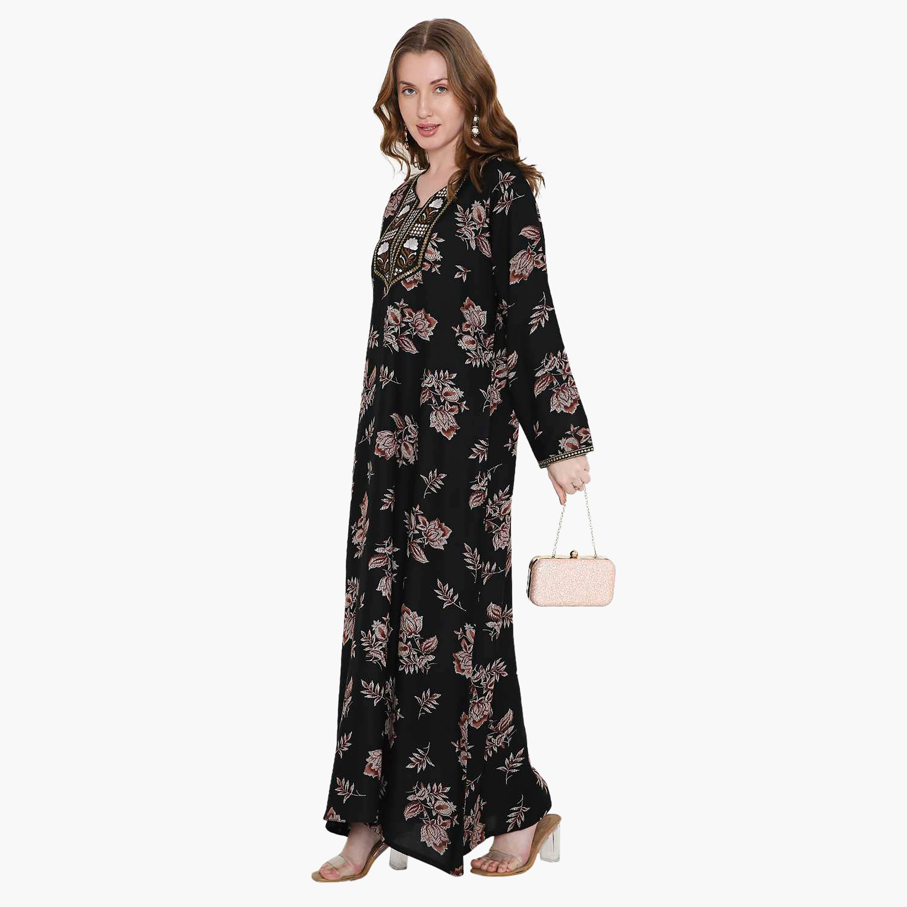 Hana & Sara Floral Print and Embroidered Yoke Detail Neck Designed Cuff Sleeves Women's Jalabiya-women-arabicclothing-jalabiyas-image-8