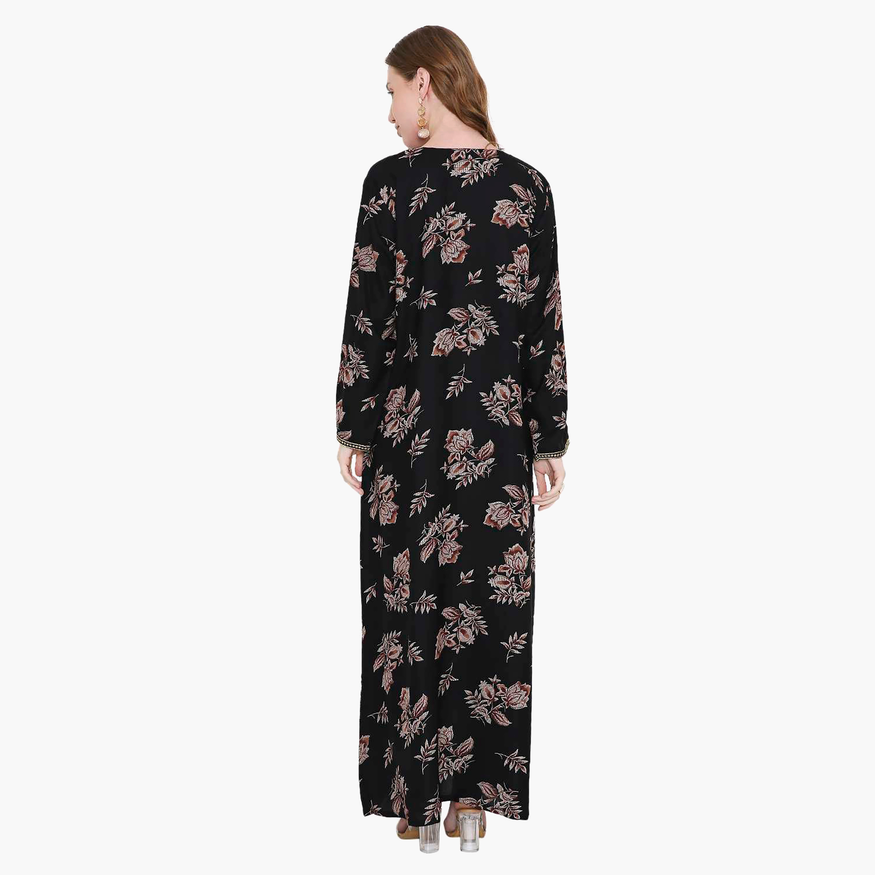 Hana & Sara Floral Print and Embroidered Yoke Detail Neck Designed Cuff Sleeves Women's Jalabiya-women-arabicclothing-jalabiyas-image-9