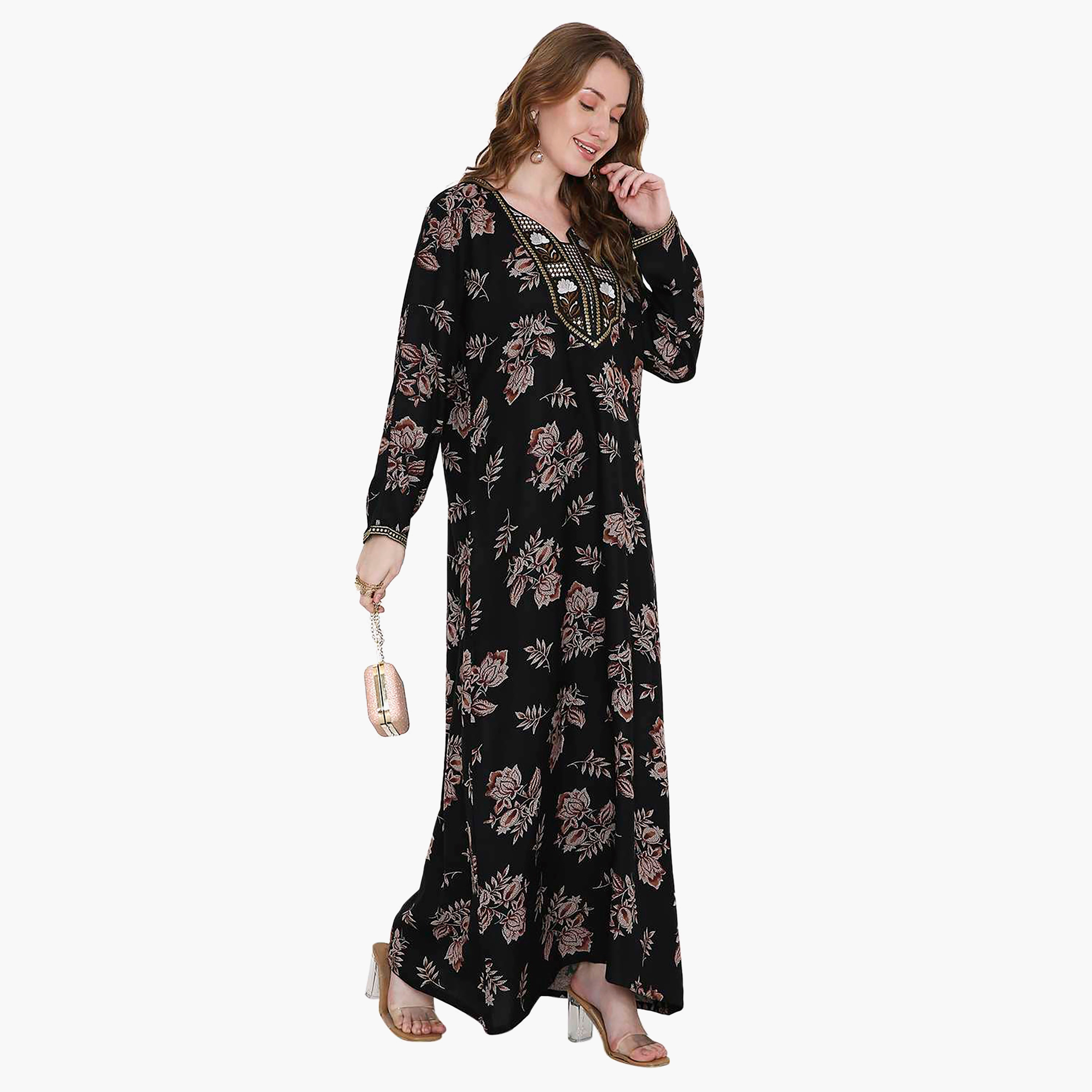 Hana & Sara Floral Print and Embroidered Yoke Detail Neck Designed Cuff Sleeves Women's Jalabiya-women-arabicclothing-jalabiyas-image-10