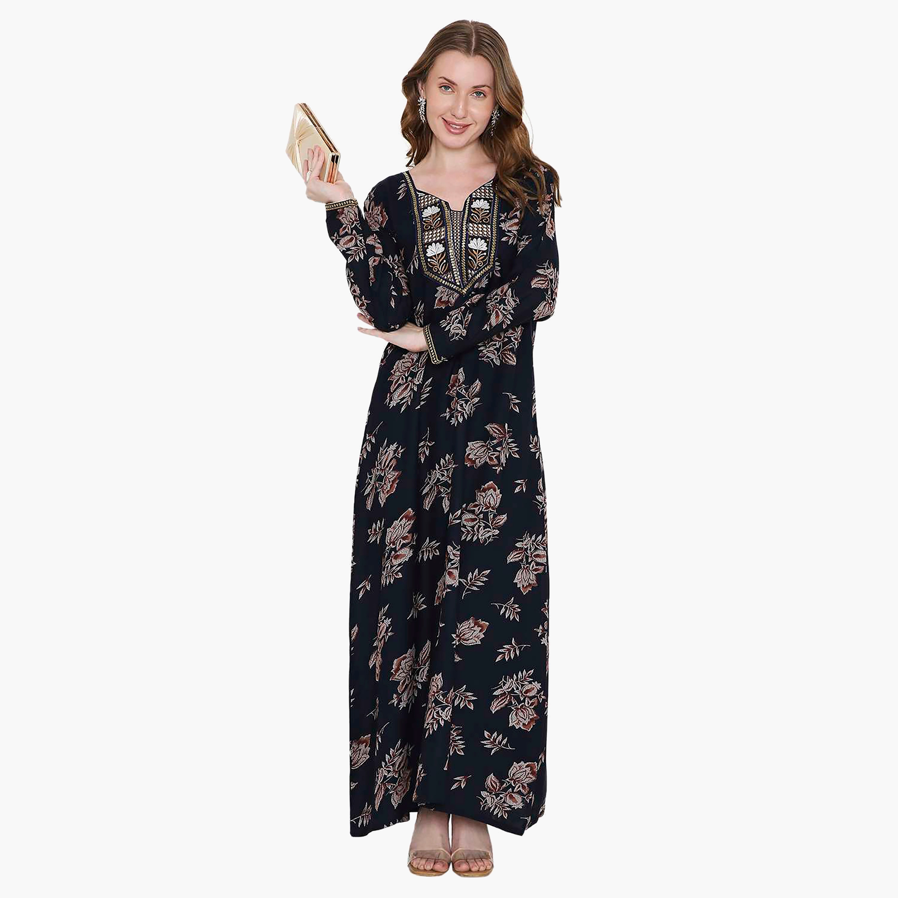 Hana & Sara Floral Print and Embroidered Yoke Detail Neck Designed Cuff Sleeves Women's Jalabiya-women-arabicclothing-jalabiyas-image-1