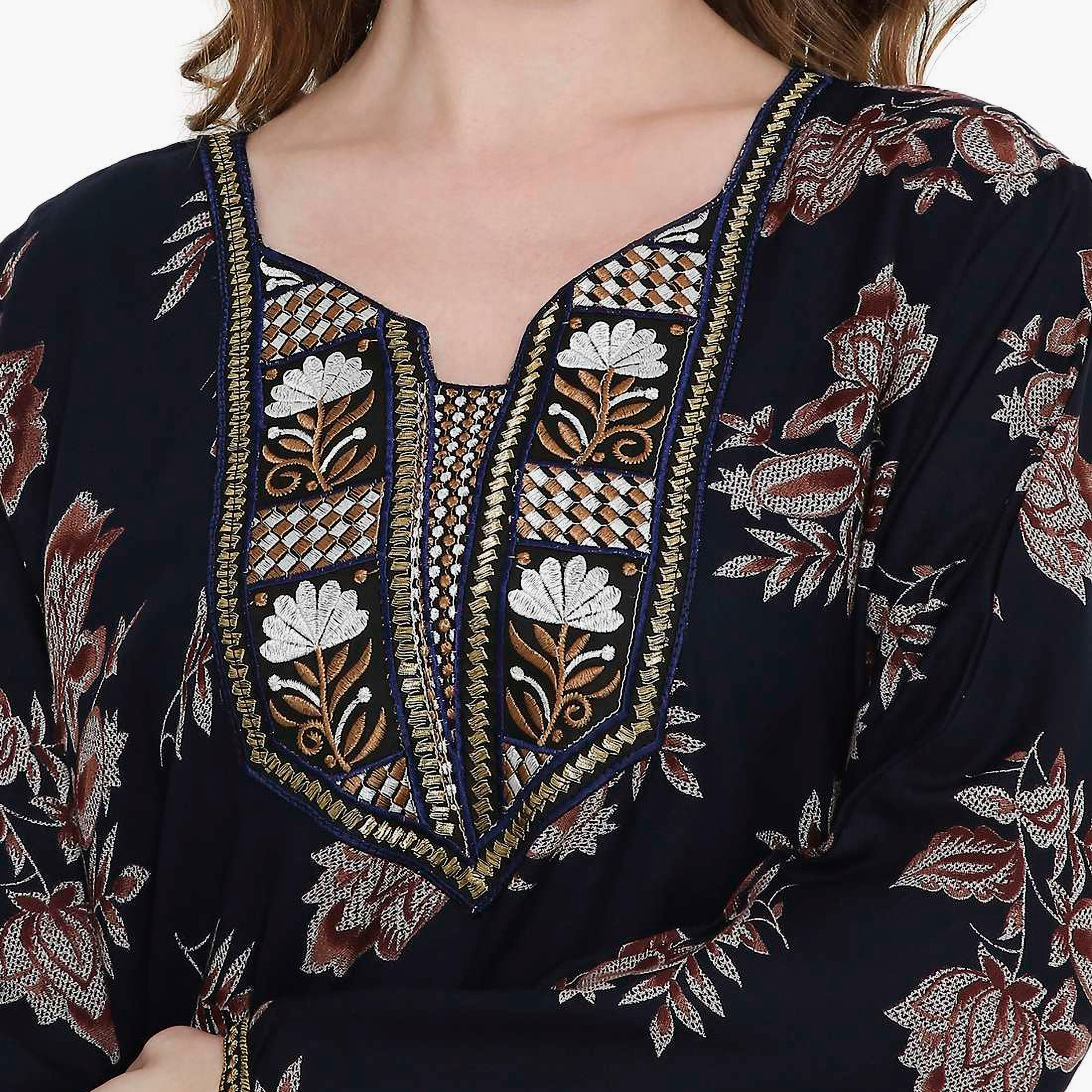Hana & Sara Floral Print and Embroidered Yoke Detail Neck Designed Cuff Sleeves Women's Jalabiya-women-arabicclothing-jalabiyas-image-2