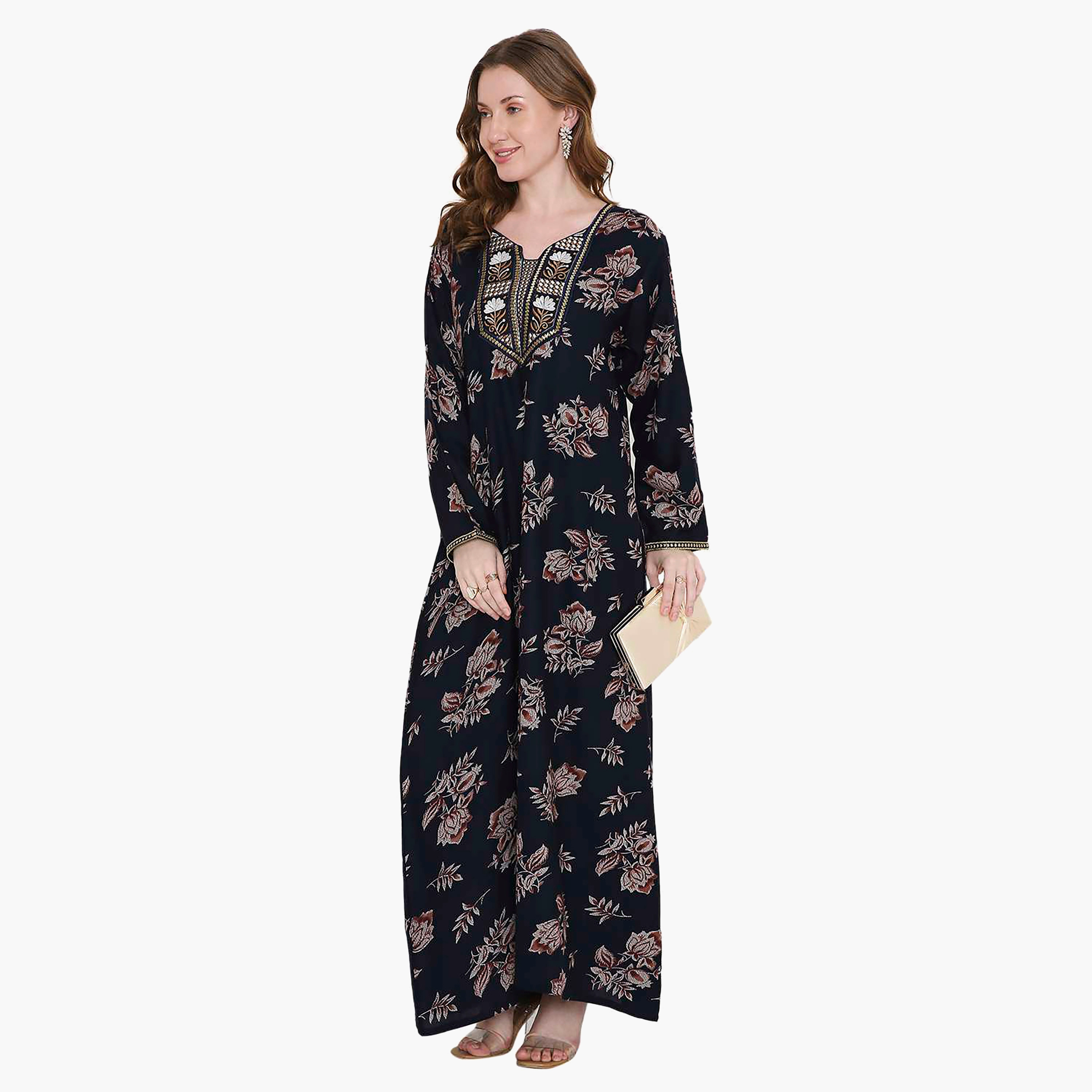Hana & Sara Floral Print and Embroidered Yoke Detail Neck Designed Cuff Sleeves Women's Jalabiya-women-arabicclothing-jalabiyas-image-3
