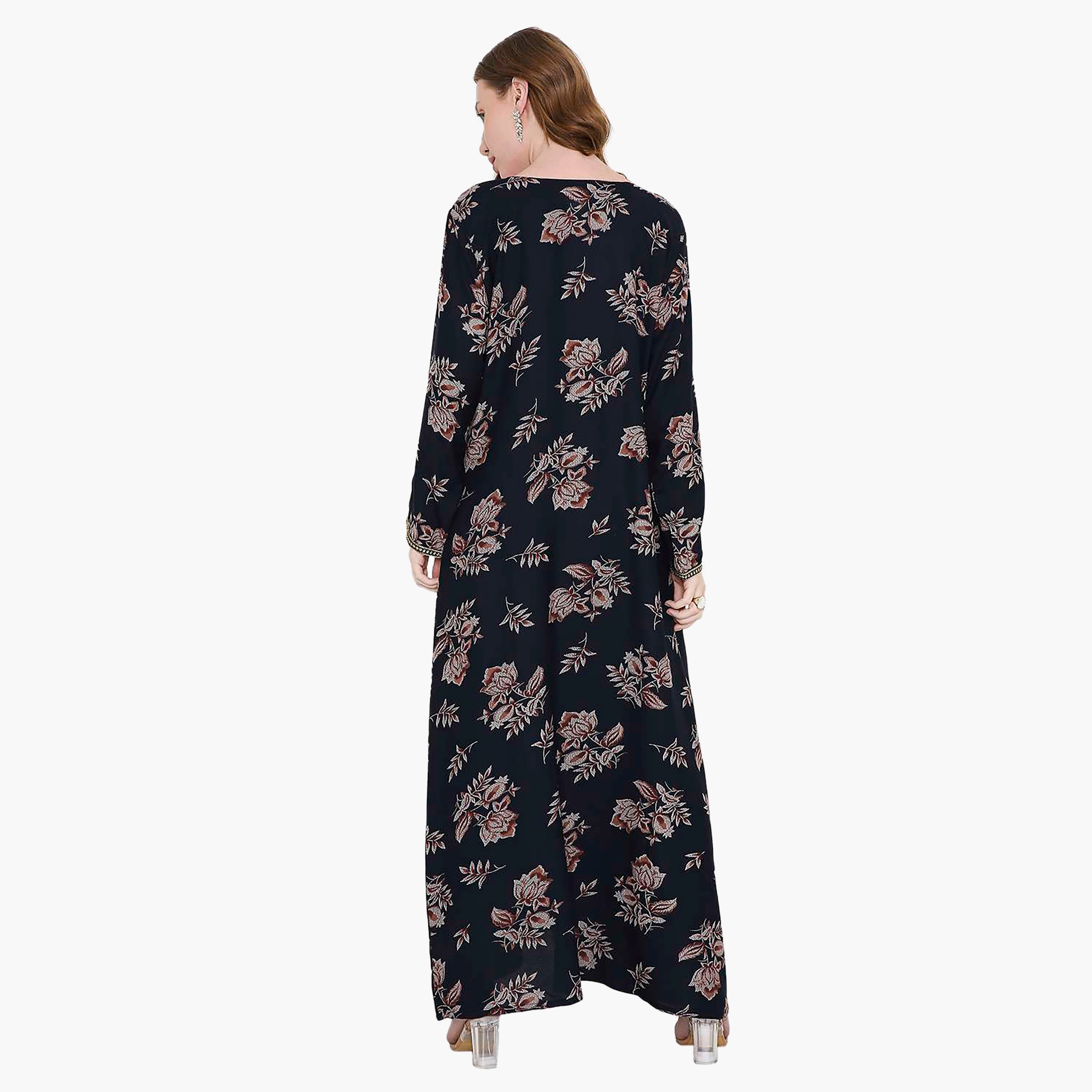 Hana & Sara Floral Print and Embroidered Yoke Detail Neck Designed Cuff Sleeves Women's Jalabiya-women-arabicclothing-jalabiyas-image-4