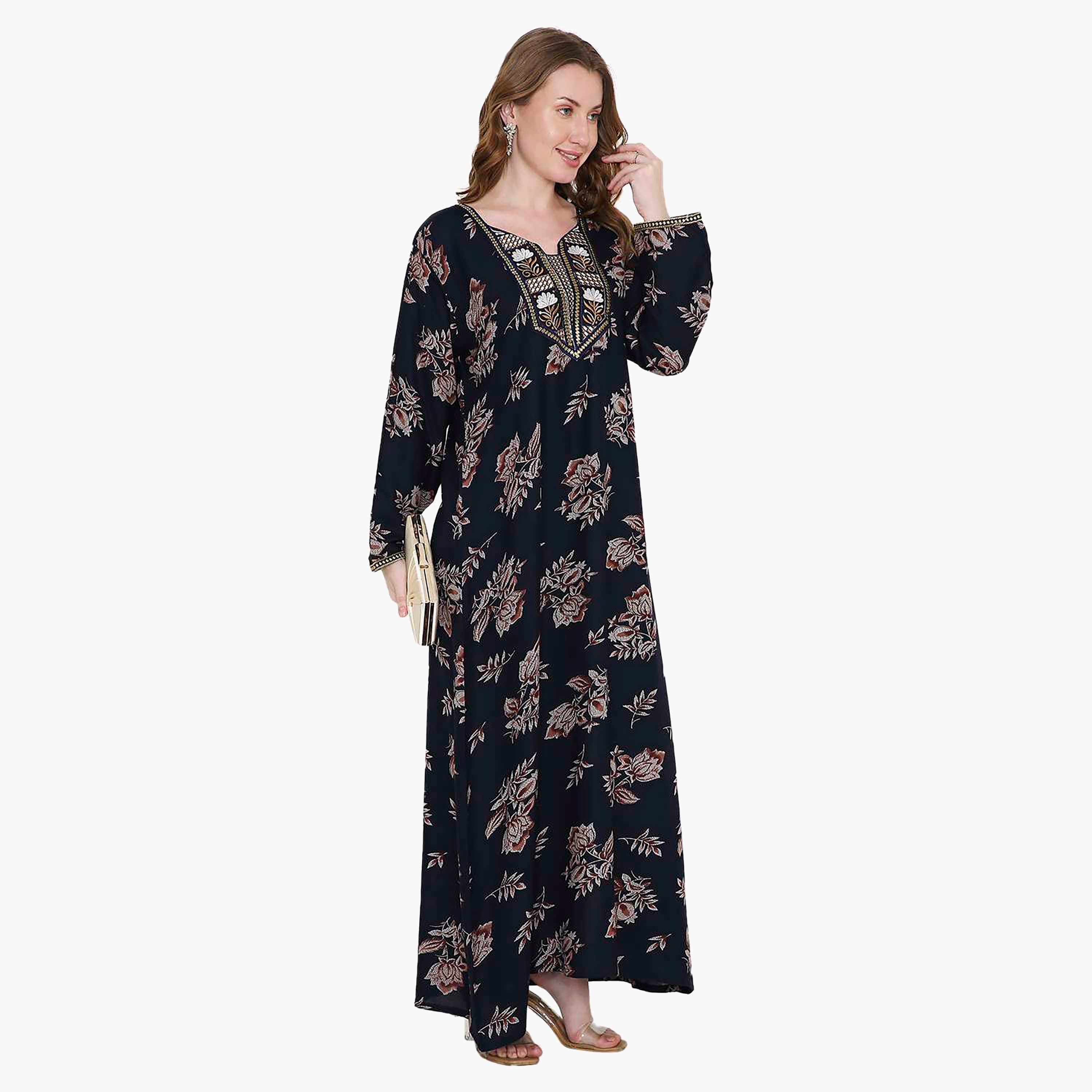 Hana & Sara Floral Print and Embroidered Yoke Detail Neck Designed Cuff Sleeves Women's Jalabiya-women-arabicclothing-jalabiyas-image-5