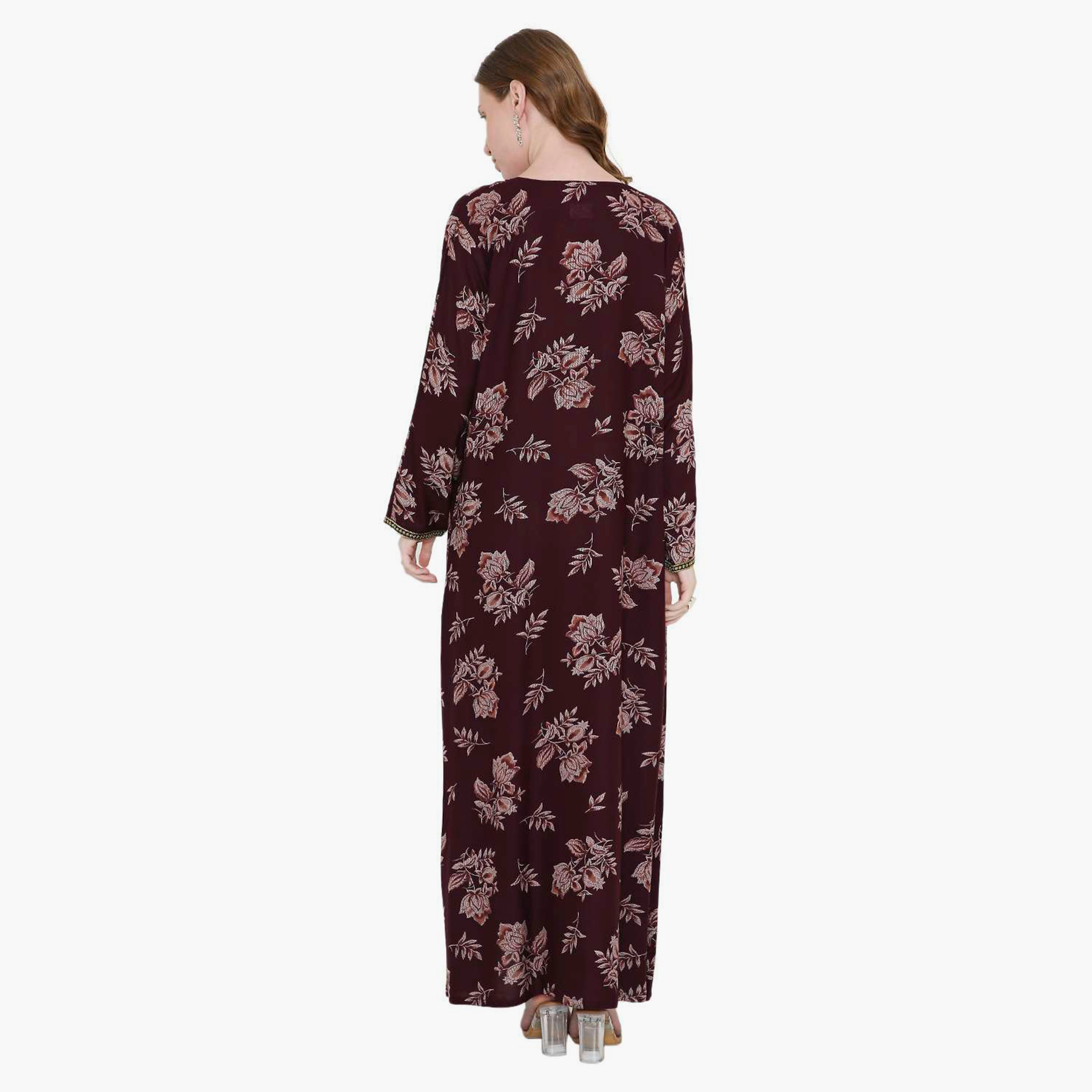 جلابية نسائية بطبعة زهور باللون العنابي وتصميم نير مطرز على الرقبة من هانا اند سارة-women-arabicclothing-jalabiyas-image-5