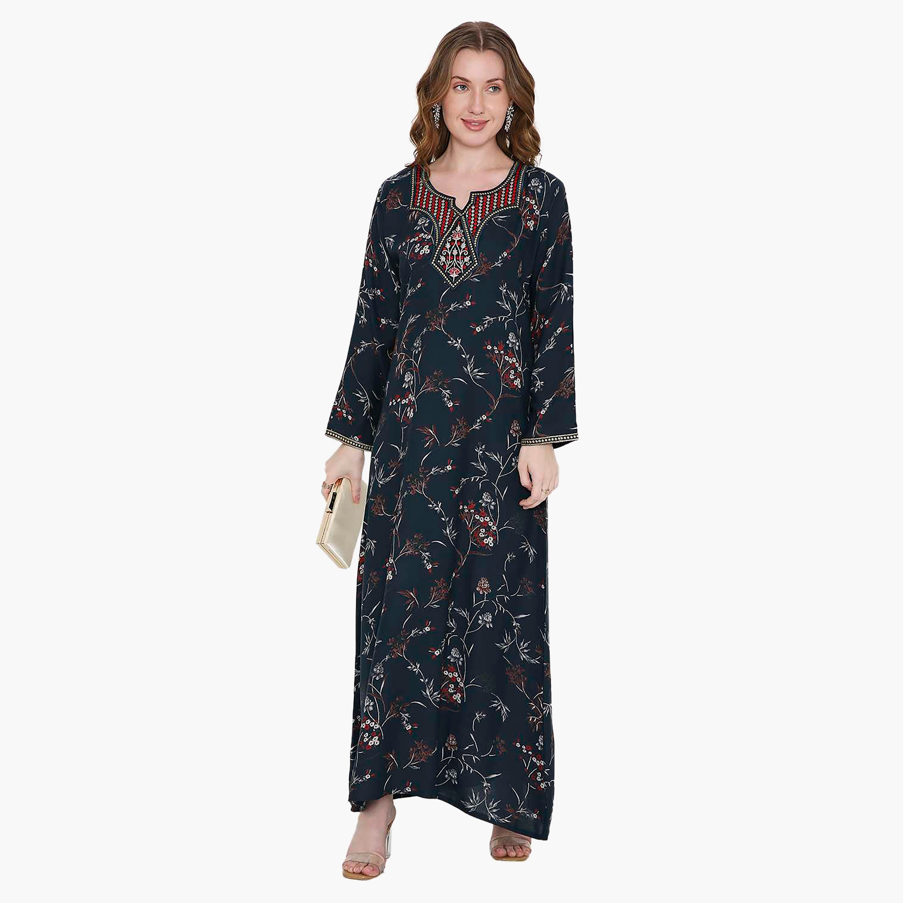 Hana & Sara Floral Print and Embroidered Yoke Detail Neck Designed Cuff Sleeves Women's Jalabiya-women-arabicclothing-jalabiyas-image-6