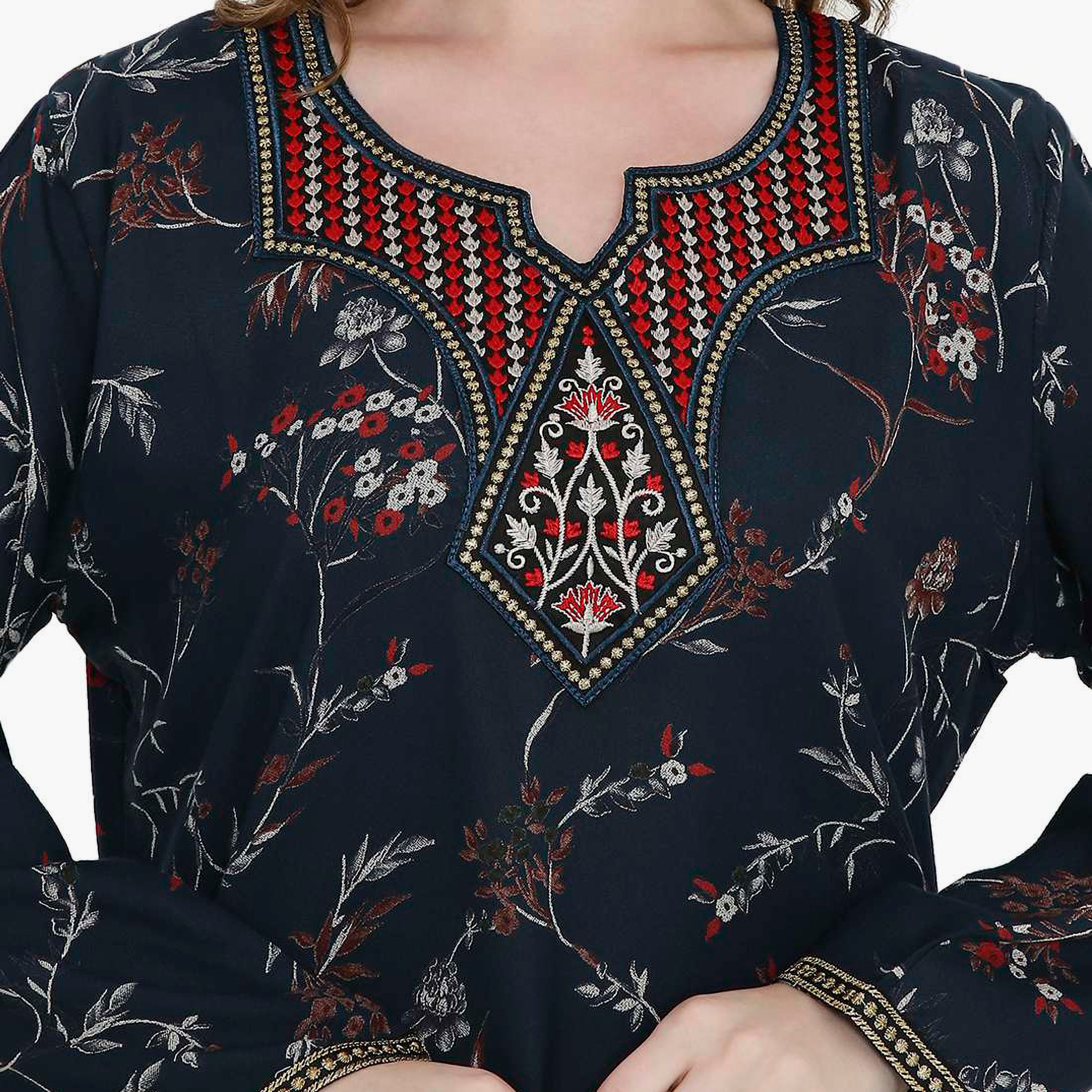 Hana & Sara Floral Print and Embroidered Yoke Detail Neck Designed Cuff Sleeves Women's Jalabiya-women-arabicclothing-jalabiyas-image-7
