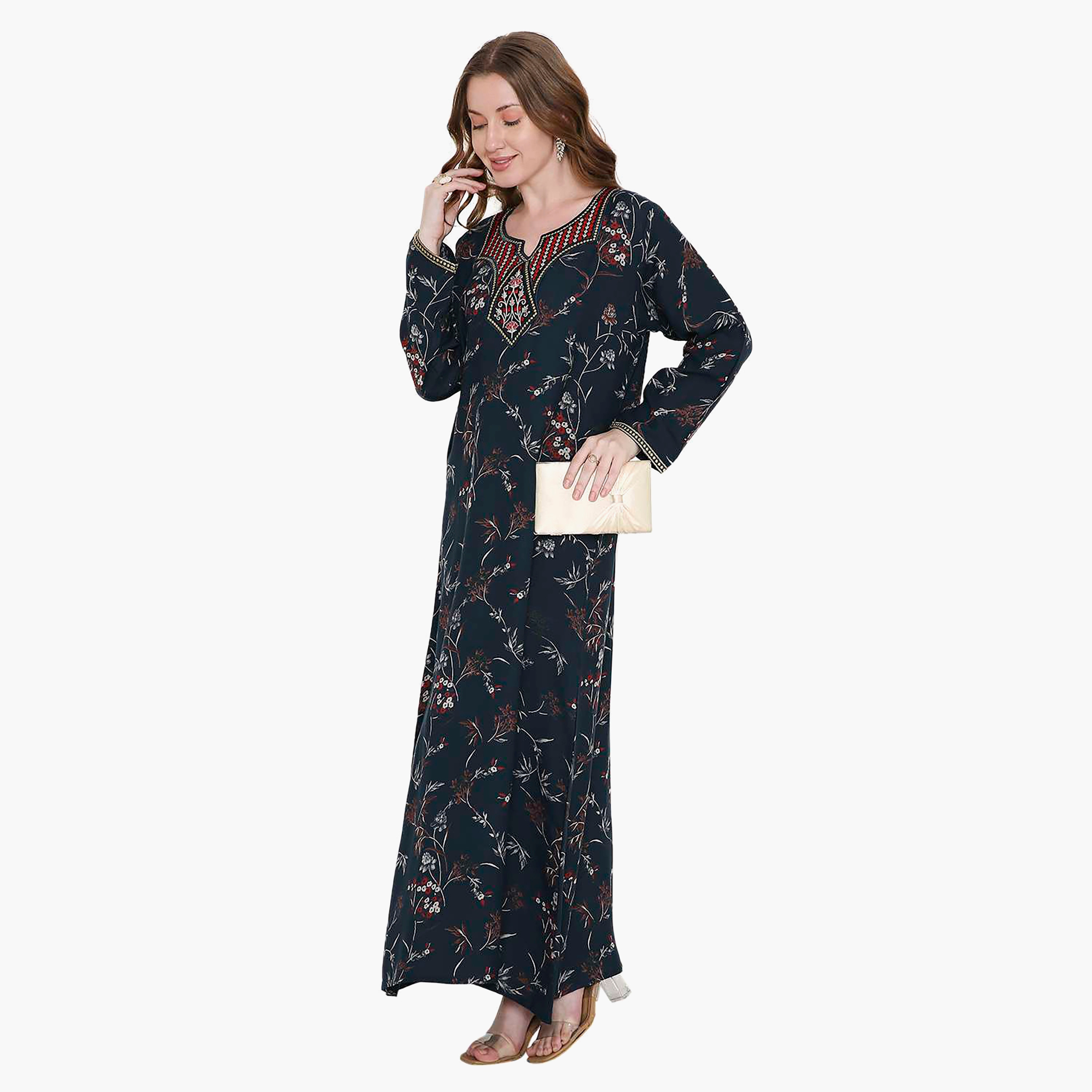 Hana & Sara Floral Print and Embroidered Yoke Detail Neck Designed Cuff Sleeves Women's Jalabiya-women-arabicclothing-jalabiyas-image-8