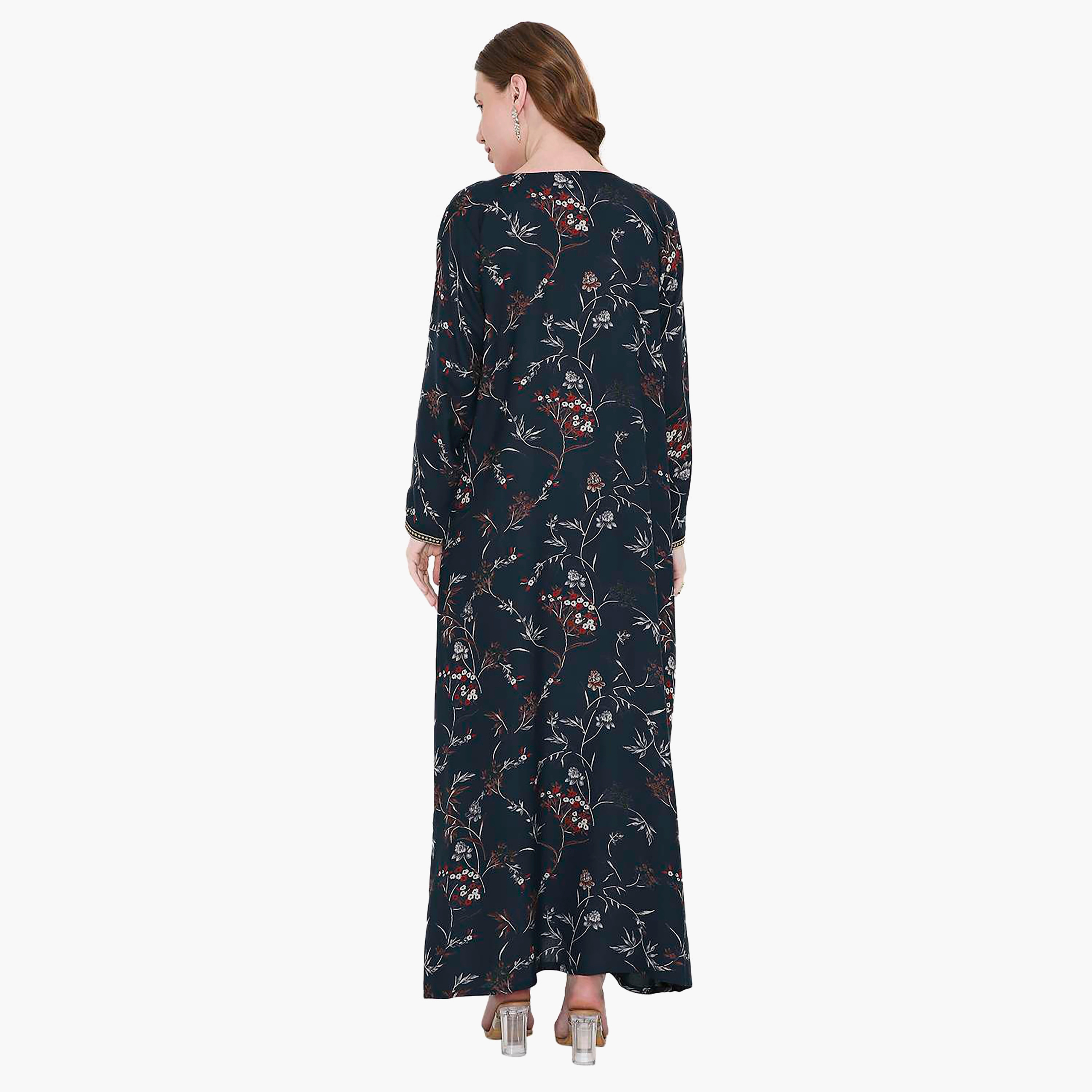 Hana & Sara Floral Print and Embroidered Yoke Detail Neck Designed Cuff Sleeves Women's Jalabiya-women-arabicclothing-jalabiyas-image-9