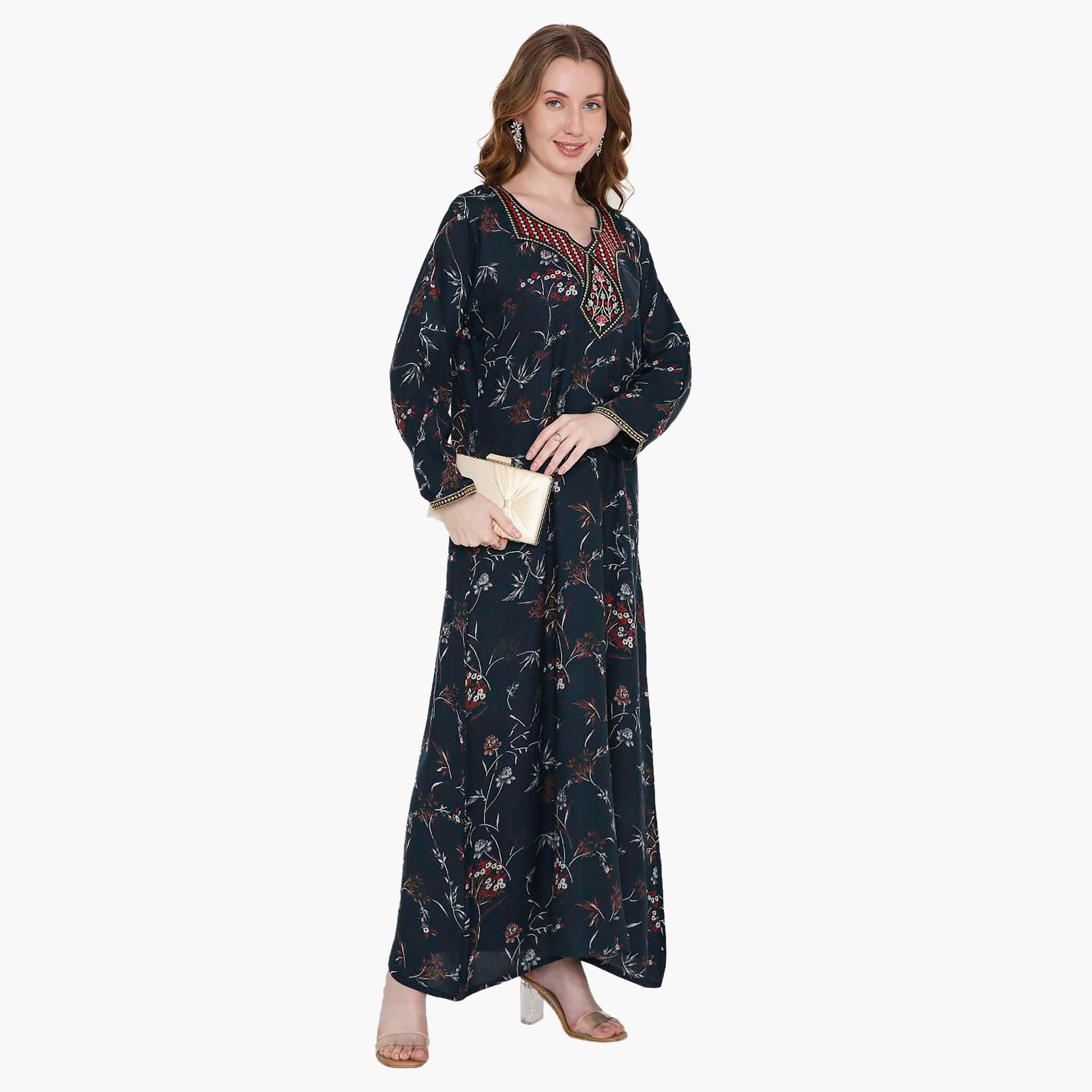 Hana & Sara Floral Print and Embroidered Yoke Detail Neck Designed Cuff Sleeves Women's Jalabiya-women-arabicclothing-jalabiyas-image-10