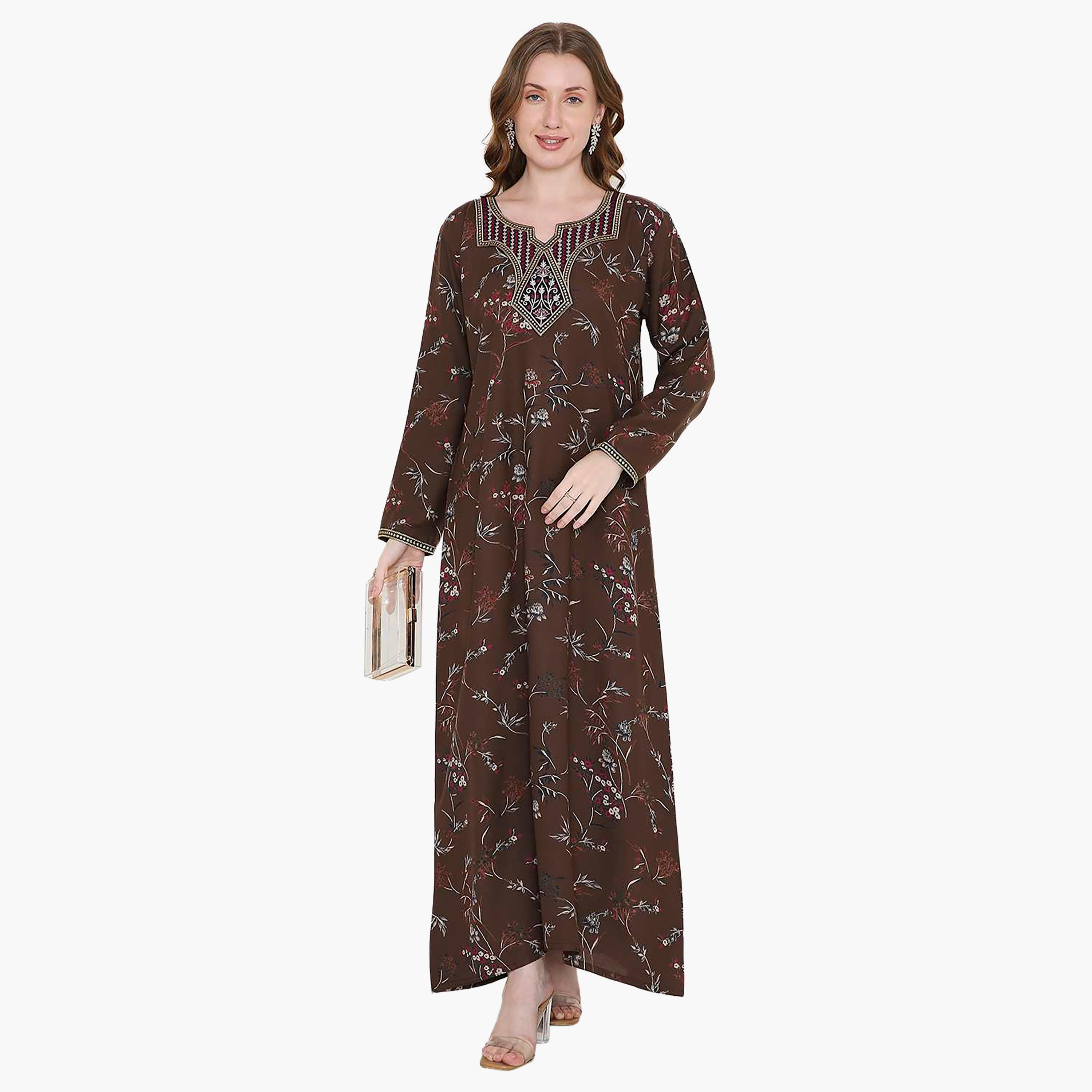 Hana & Sara Floral Print and Embroidered Yoke Detail Neck Designed Cuff Sleeves Women's Jalabiya-women-arabicclothing-jalabiyas-image-1