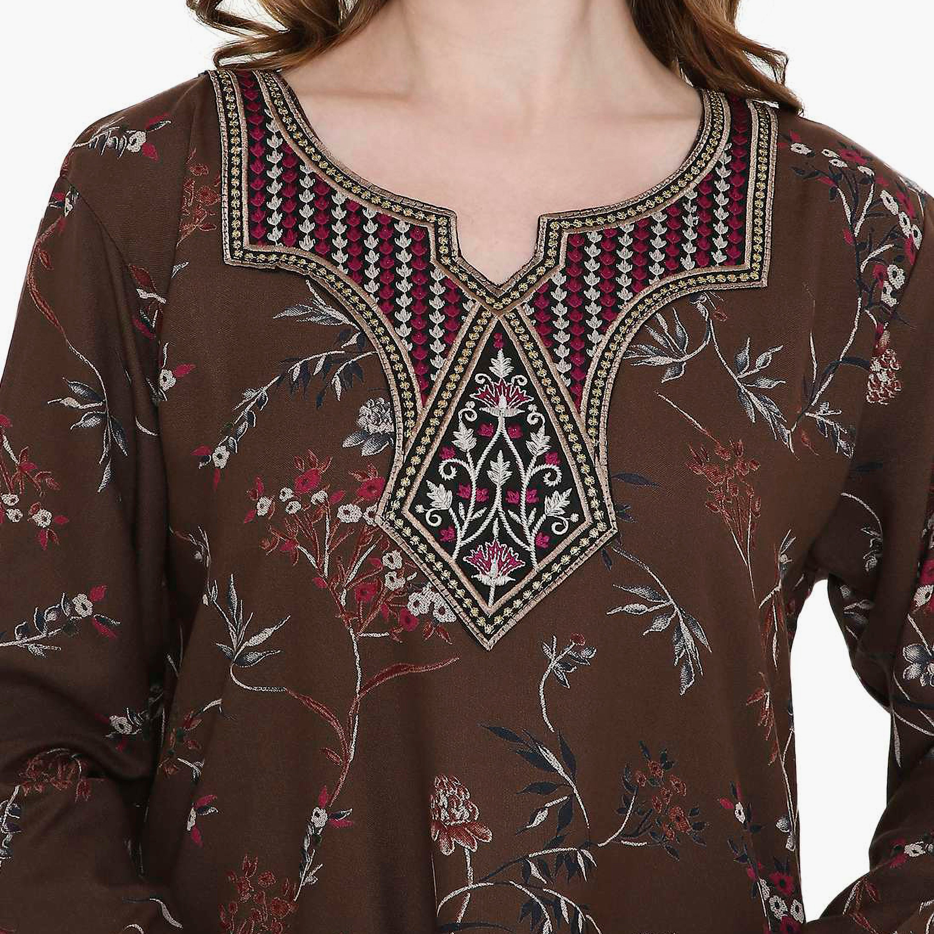 Hana & Sara Floral Print and Embroidered Yoke Detail Neck Designed Cuff Sleeves Women's Jalabiya-women-arabicclothing-jalabiyas-image-2