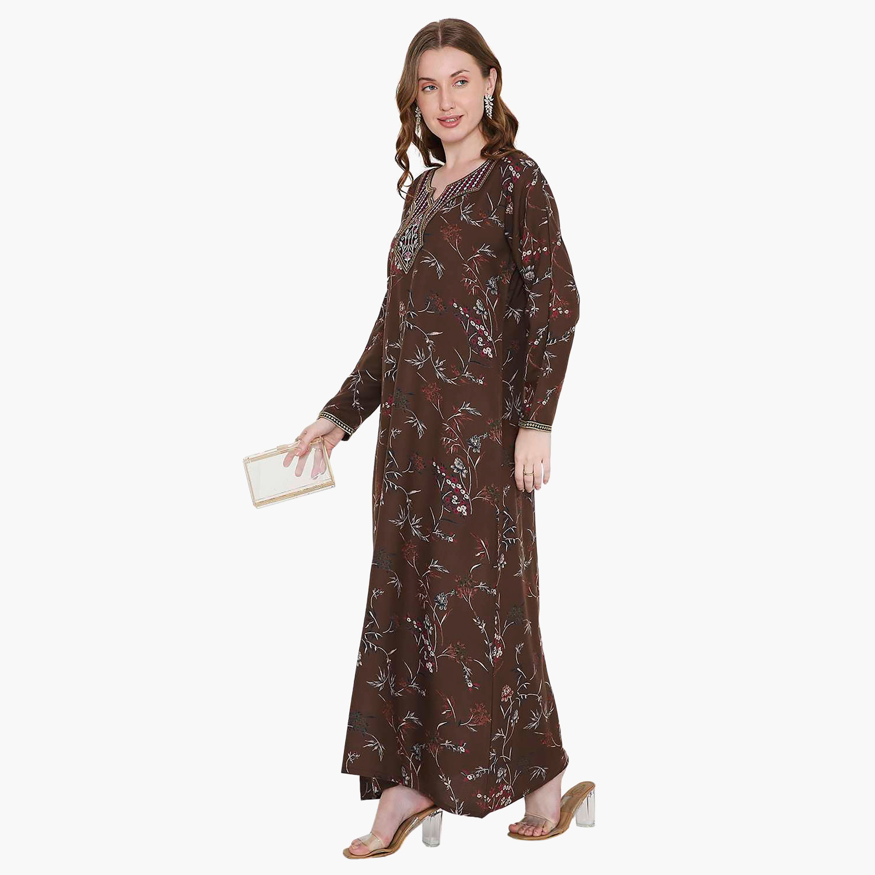 Hana & Sara Floral Print and Embroidered Yoke Detail Neck Designed Cuff Sleeves Women's Jalabiya-women-arabicclothing-jalabiyas-image-3