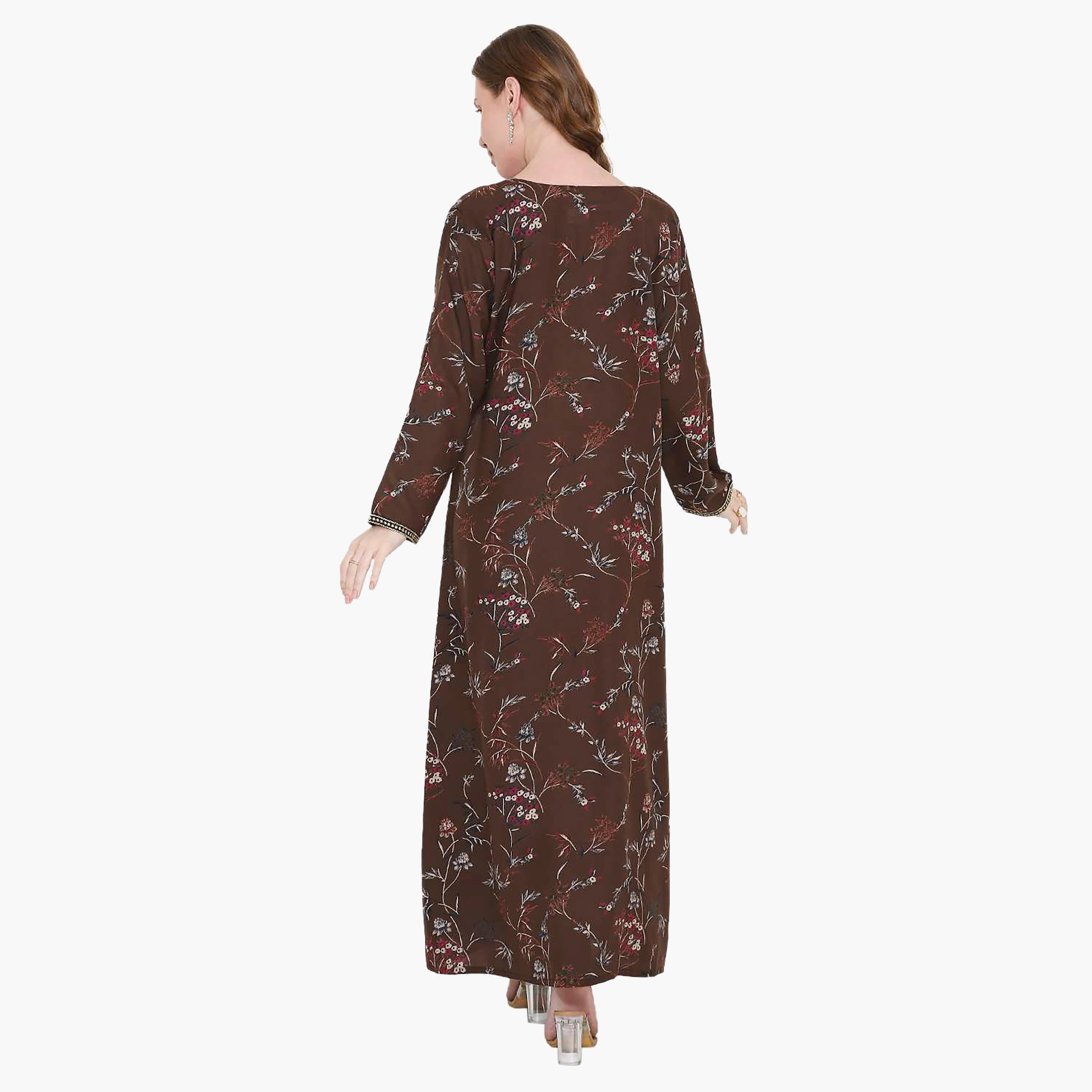 Hana & Sara Floral Print and Embroidered Yoke Detail Neck Designed Cuff Sleeves Women's Jalabiya-women-arabicclothing-jalabiyas-image-4