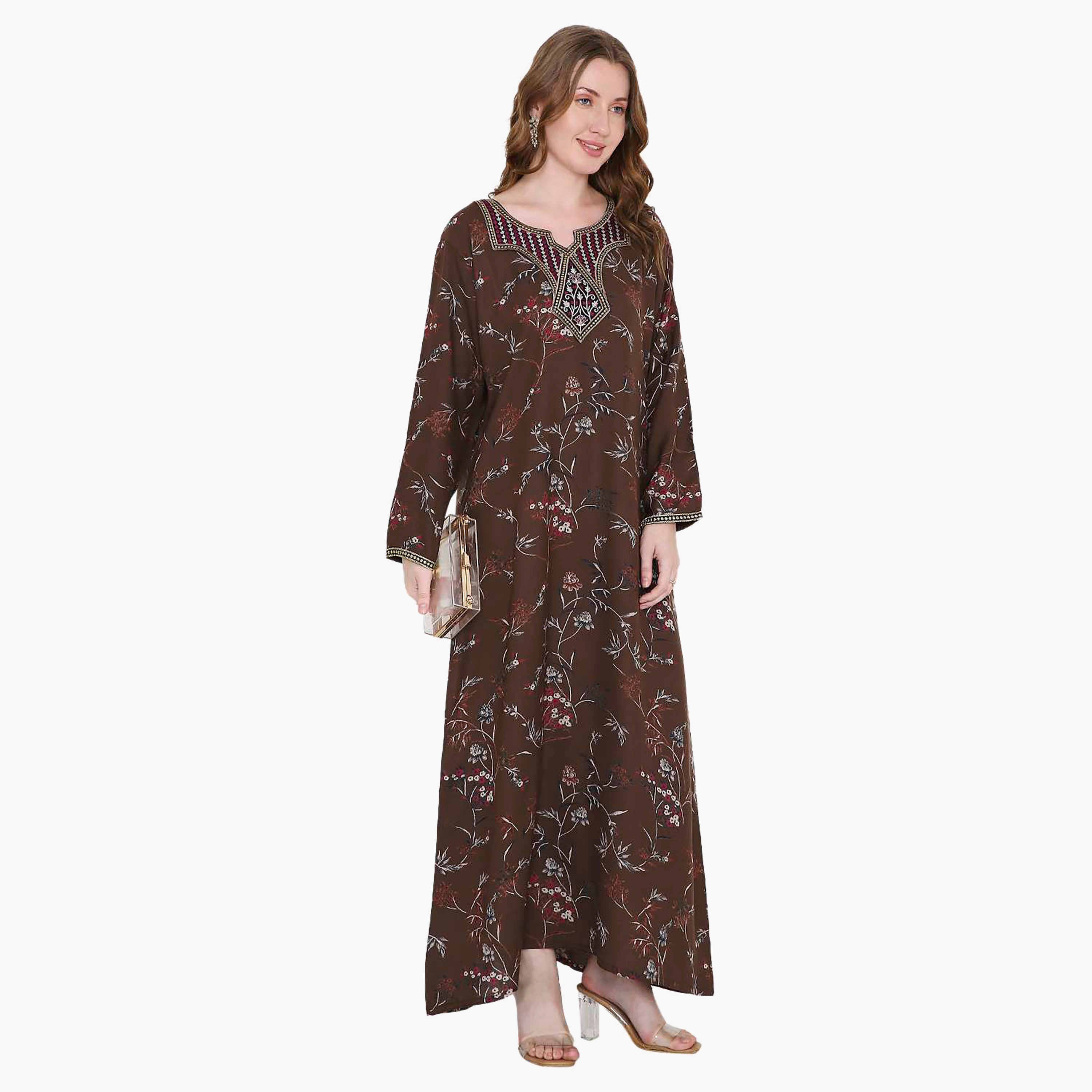 Hana & Sara Floral Print and Embroidered Yoke Detail Neck Designed Cuff Sleeves Women's Jalabiya-women-arabicclothing-jalabiyas-image-5